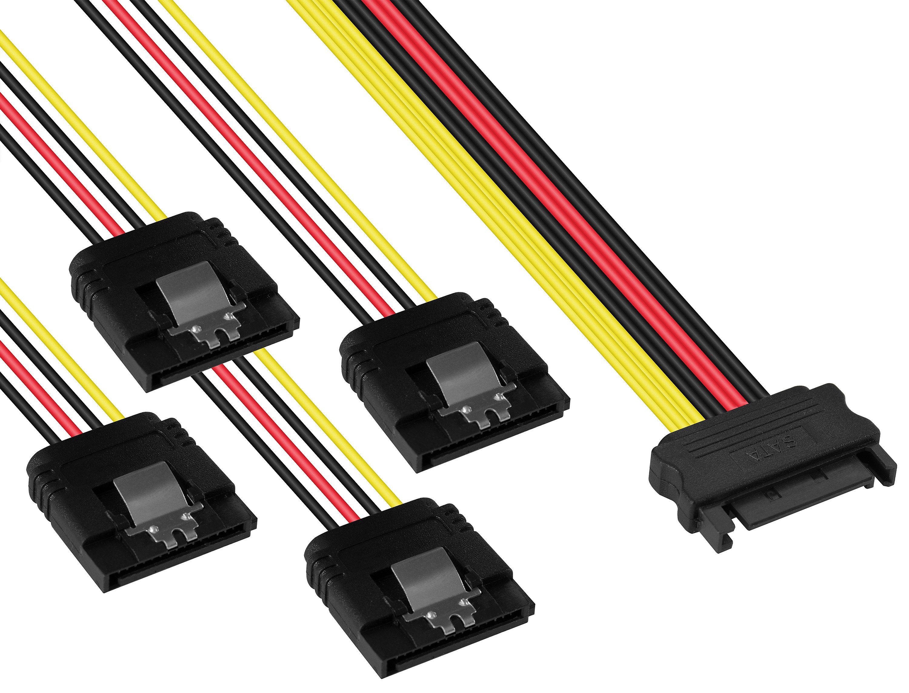Poppstar SATA Kabel gerade/gerade SSD, HDD, Festplatte, auf Stecker Stromkabel, (4-18-22-26,5cm) 14/18/22/25cm Stromkabel (m) Motherboard 4x Verteiler für Sata Adapter 4-fach 1x (w) Buchse Splitter