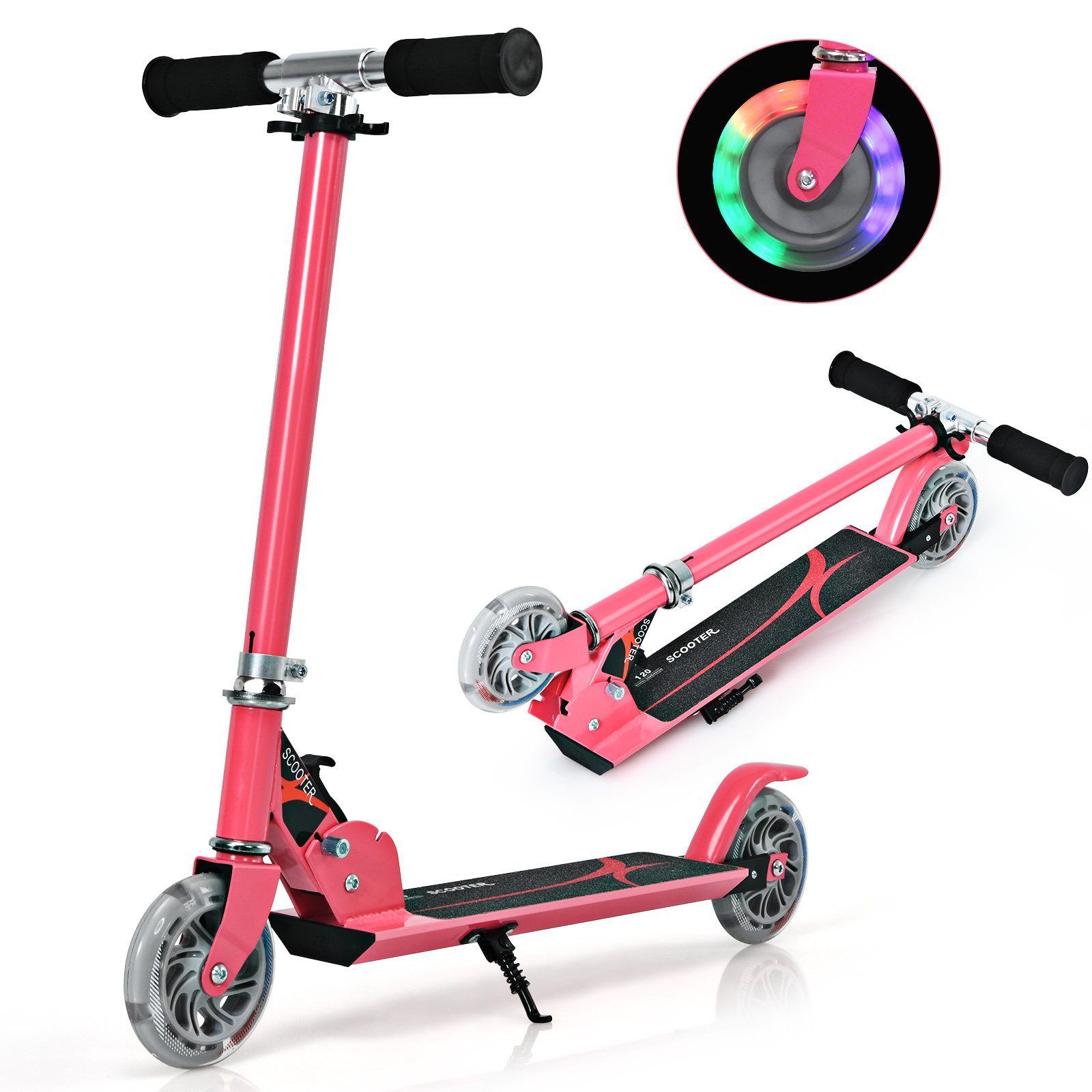COSTWAY Cityroller, mit höhenverstellbar, LED Scooter Räder 2 rosa klappbar,