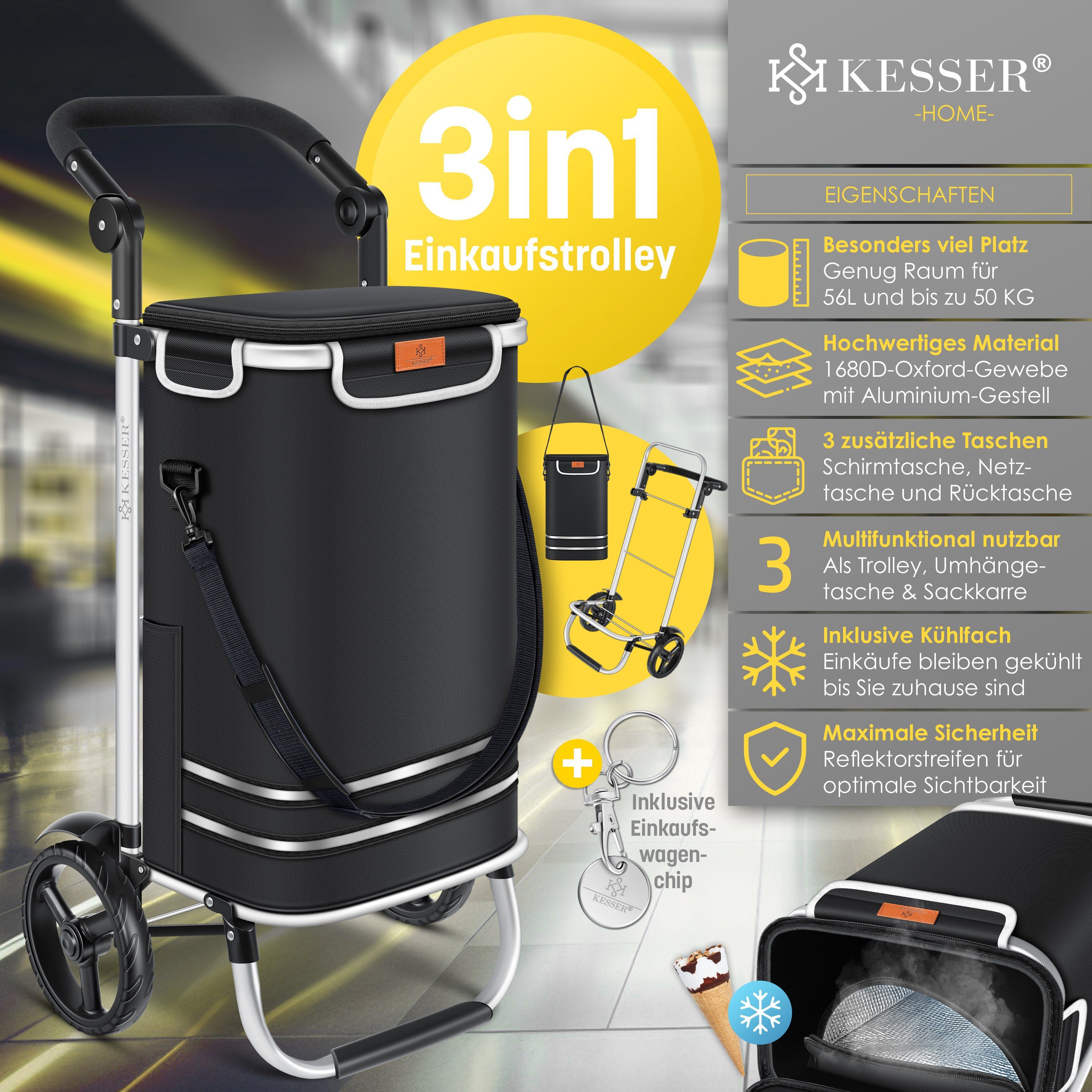 KESSER Einkaufstrolley, klappbar mit 56L Kapazität und belastbar bis 50 kg
