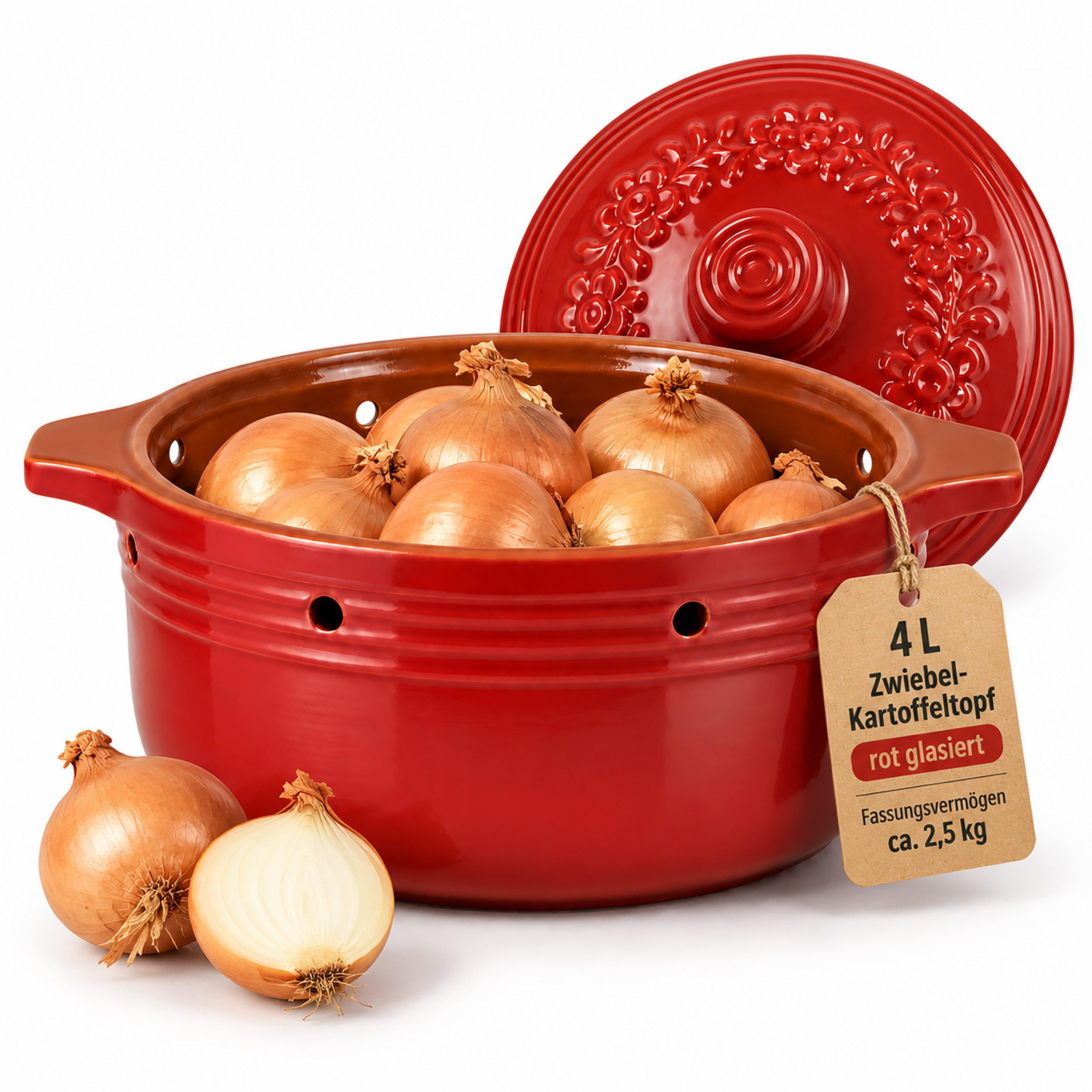 KERAZO Vorratsdose 4 Liter Kartoffeltopf & Zwiebeltopf rund mit Deckel aus Steingut, rot, Steingut, Unterstützt eine dunkle und gut belüftete Aufbewahrung von Kartoffeln
