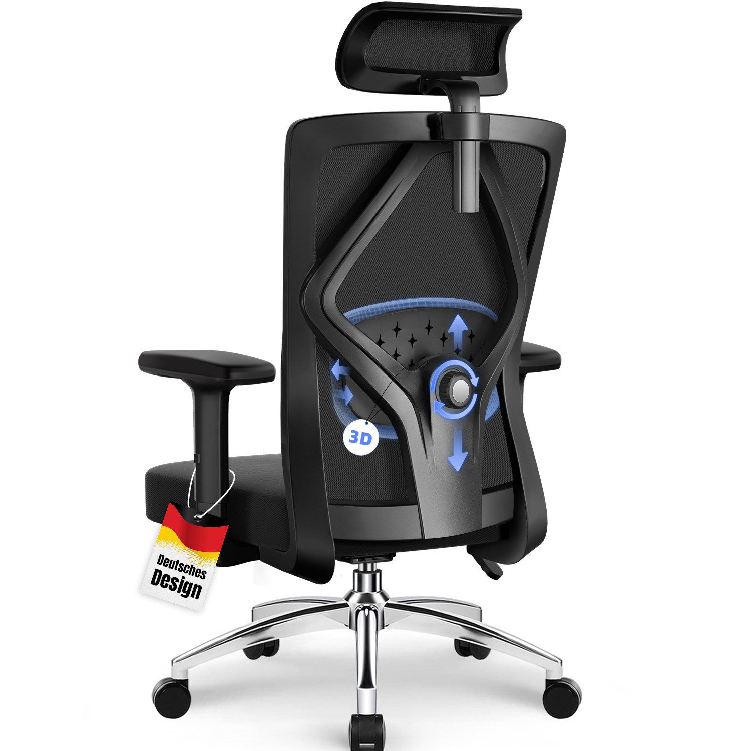 Lexzurn Bürostuhl Bürostuhl ergonomisch, Schreibtischstuhl 3D Memory-Schaum Lendenstütze (Wippfunktion bis 135°, Bis 200kg Belastar, Atmungsaktiv Mesh), Höhenverstellbarer Chefsessel Drehstuhl