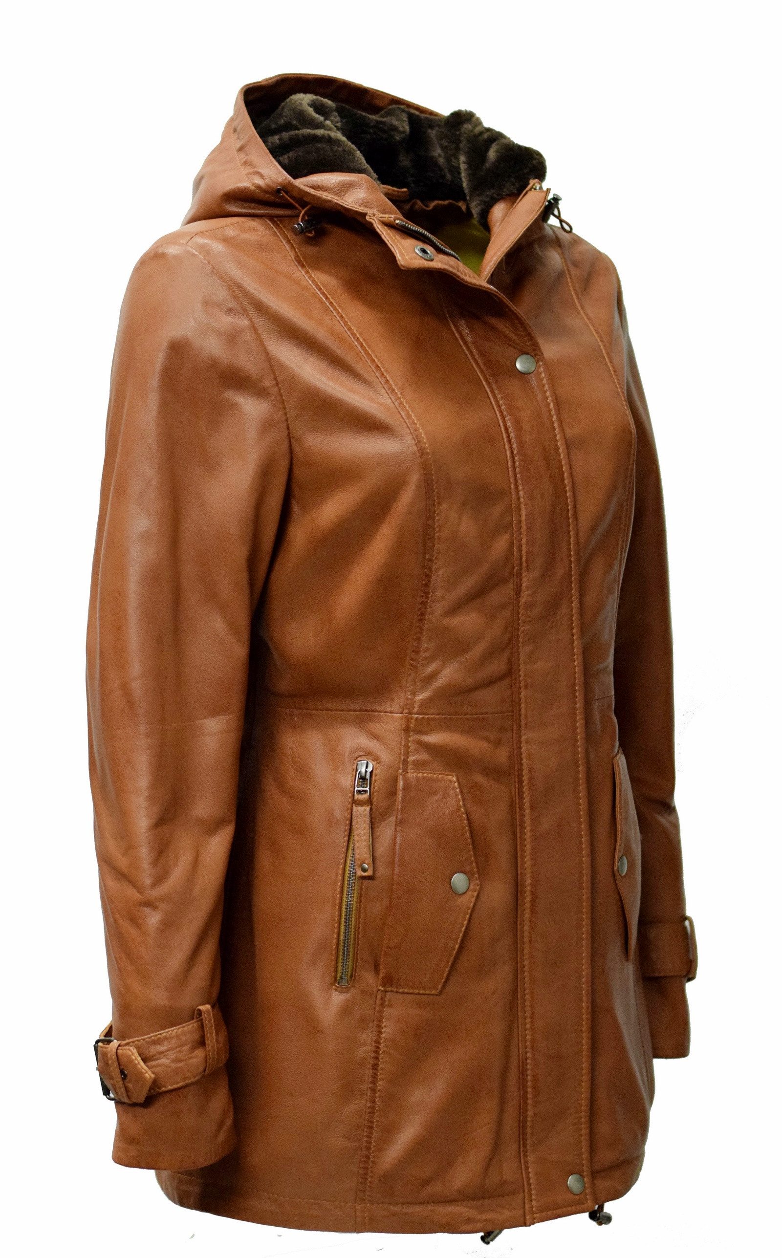 Zimmert Leather Lederjacke Manja Lederparka Kapuze Cognac, Braun, Schwarz – Bild 4 von 5