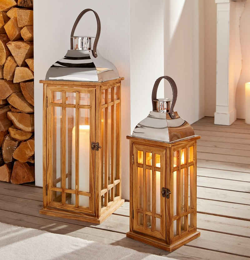 Dekoleidenschaft Kerzenlaterne "Wood", Laterne in 2 Größen, Windlicht aus Holz mit Glas, Metalldach in Chrom-Optik & stabilem Lederhenkel
