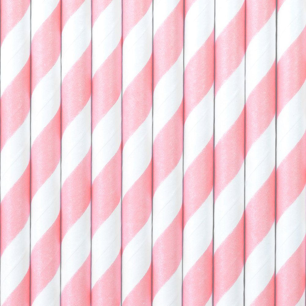 partydeco Trinkhalme, Papierstrohhalme diagonal gestreift 19cm rosa weiß 10er Set