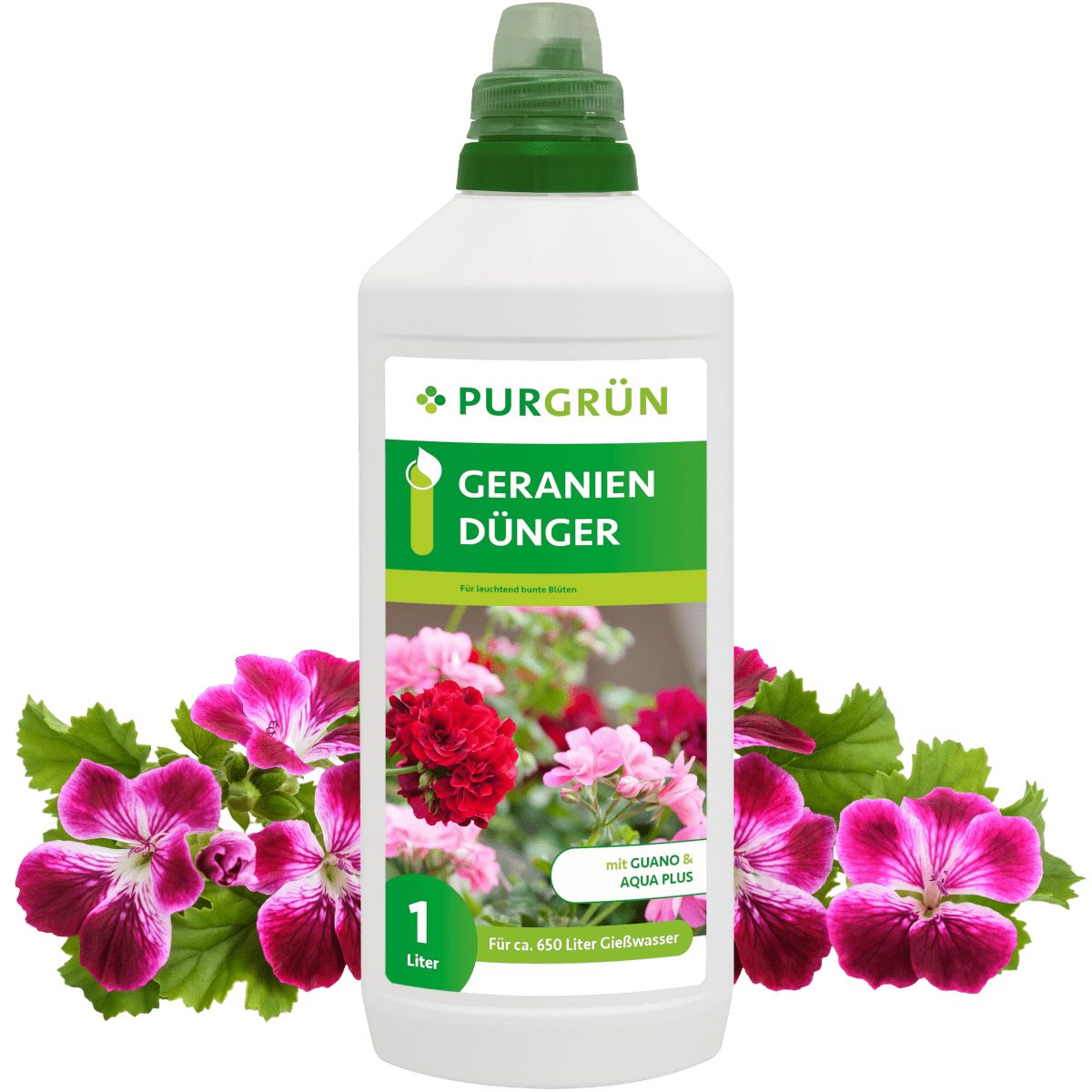Blumendünger Purgrün Geraniendünger, NPK 8+8+6, Guano & Aqua Plus, 1L