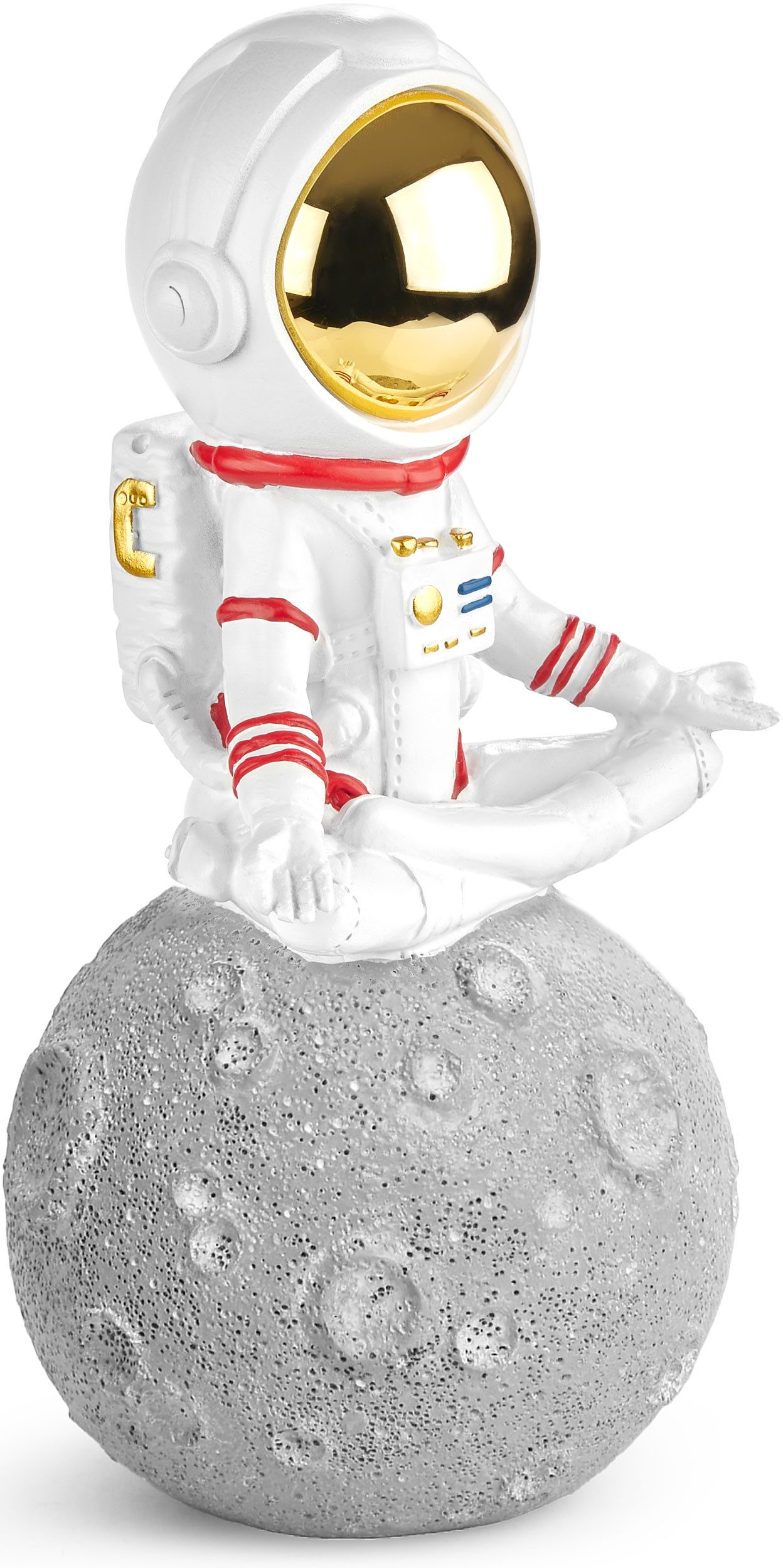 BRUBAKER Dekofigur Astronaut im Schneidersitz auf dem Mond - 18 cm Weltraum Figur (Dekoration - Grau und Weiß, 1 St., Astronautin Yoga mit verchromtem Helm), Handbemalte moderne Sukhasana Statue - Deko