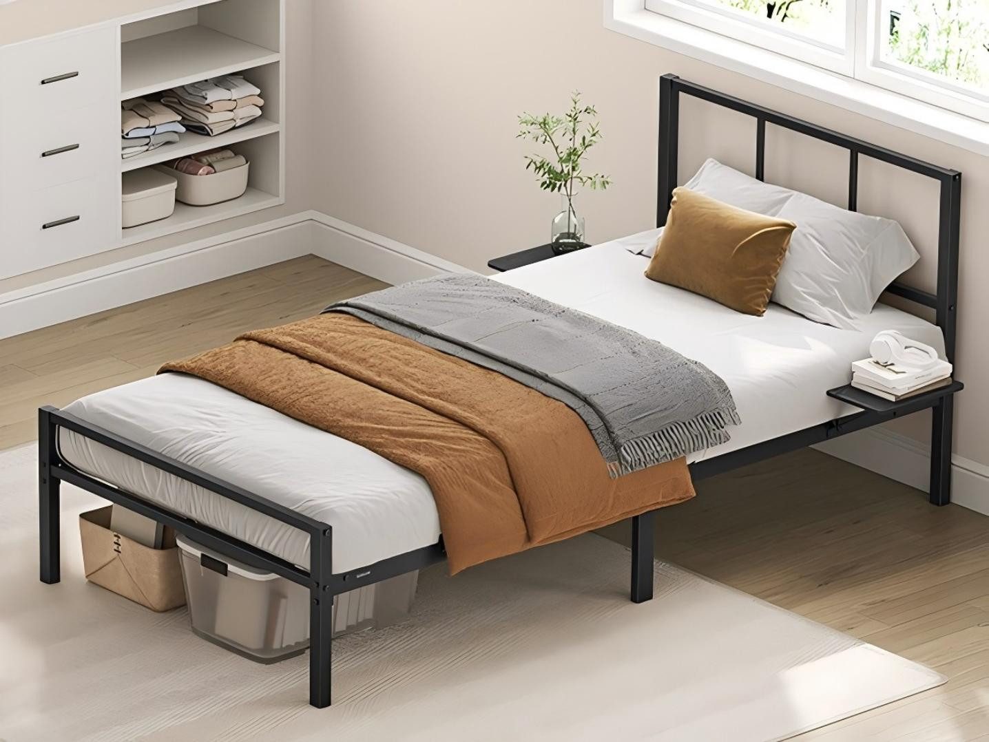 VASAGLE Bettgestell (1-tlg., mit Kopfteil, mit 2 Ablagen), 90 x 200 cm, Dop günstig online kaufen