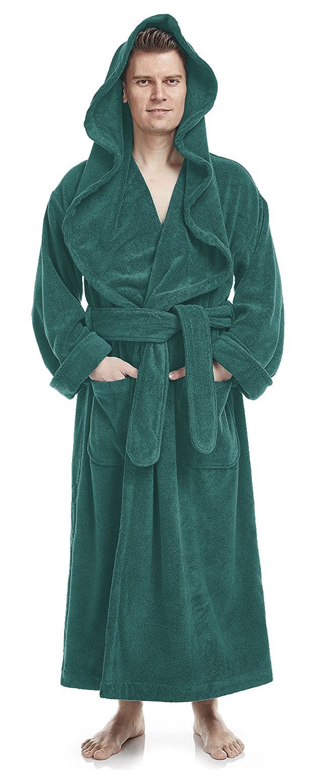 Arus Unisex-Bademantel Monk, 100% Baumwolle, mit Mönchs-Schalkragen, extra lang, 100% Baumwolle Dunkel Grün