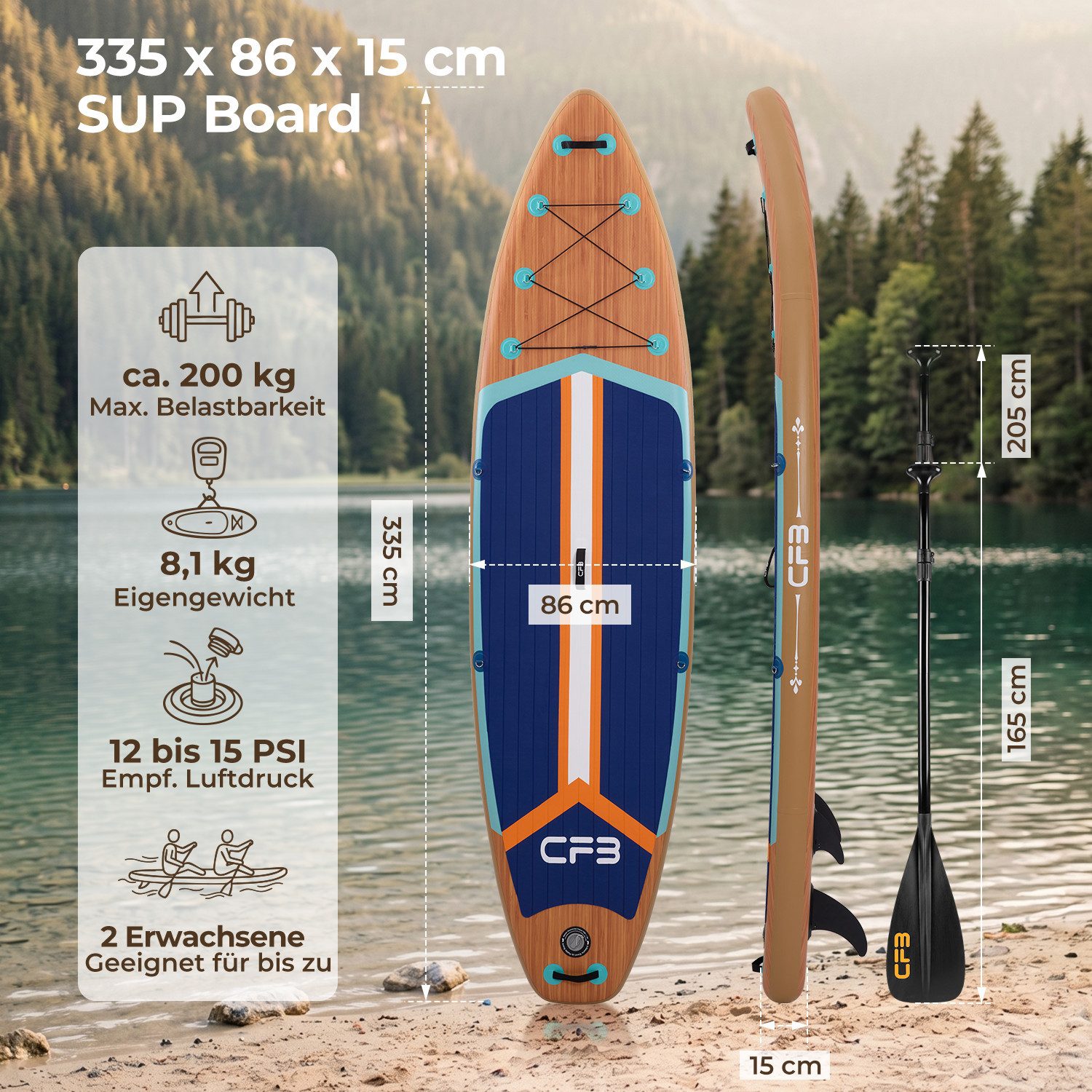 CFB SUP-Board XL 335x86x15 cm, extra breites Stand Up Paddle Board, aufblasbares iSUP, (Komplett-Set, mit Paddel, Pumpe, Rucksack, Leash, Dry Bag, Handyhülle & Schultergurt), 200 kg Traglast, für Anfänger & Erwachsene