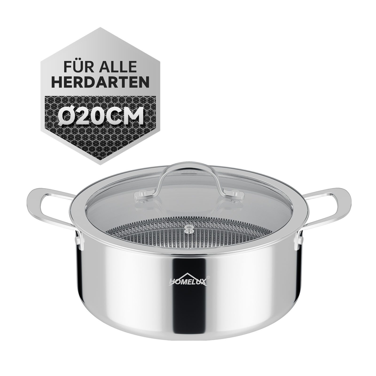 HOMELUX Suppentopf Edelstahl Kochtopf,Wabenstruktur Suppentopf Induktion,Backofengeeignet, Edelstahl (1 x 20cm 2,3L Edelstahl Kochtopf), Induktion