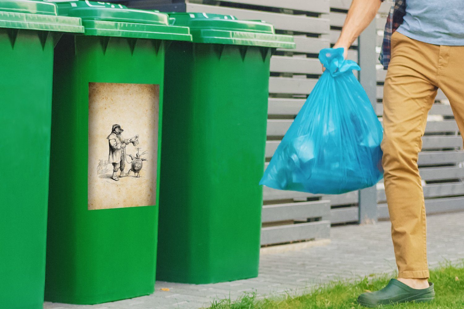 MuchoWow Wandsticker Vintage Illustration eines einer Mülleimer-aufkleber, Mülltonne, St), Abfalbehälter Container, Schildkröte und (1 Bären Sticker