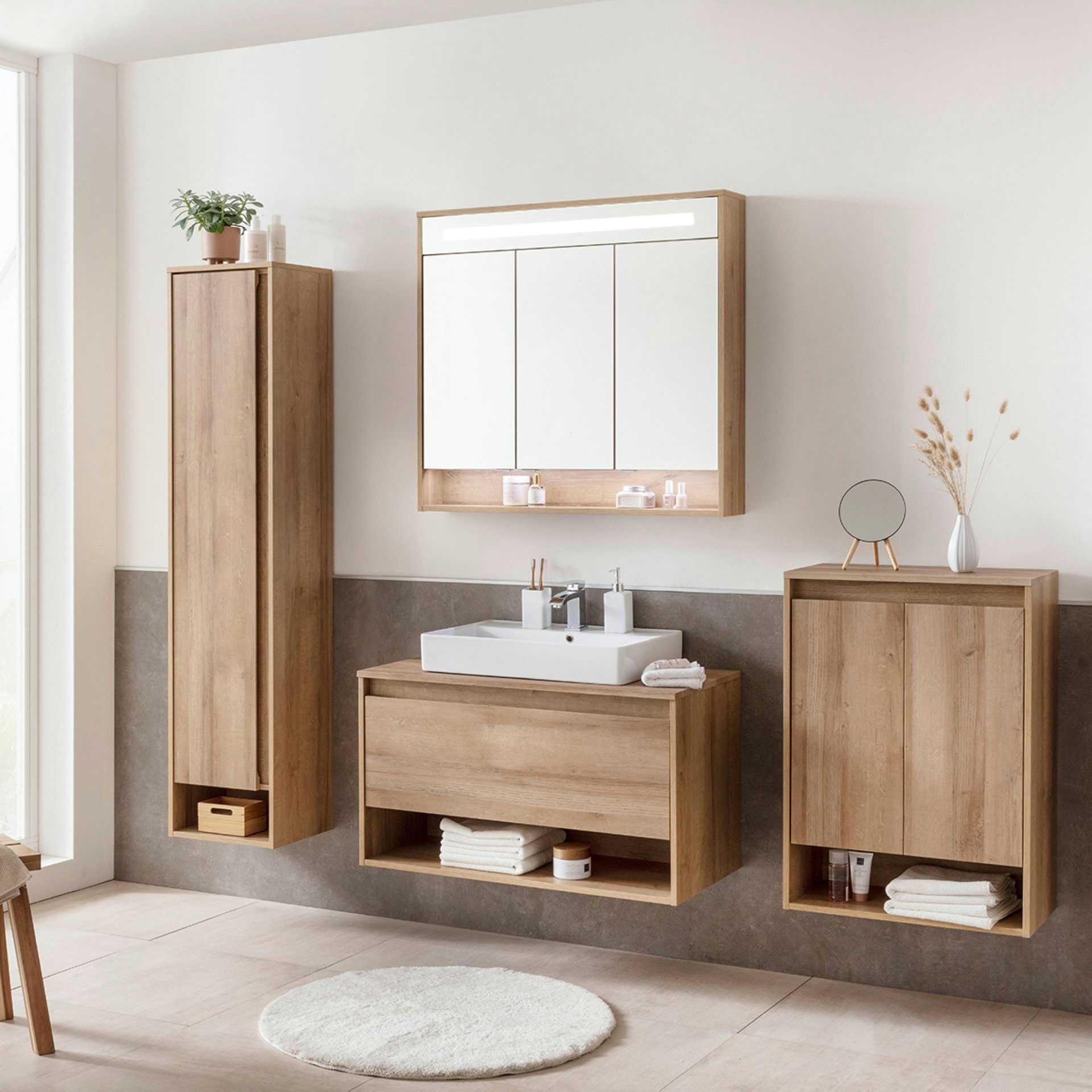 FACKELMANN Badmöbel-Set NATURA 94 cm, Braun hell+Spiegelschrank+Midischrank+Hochschrank