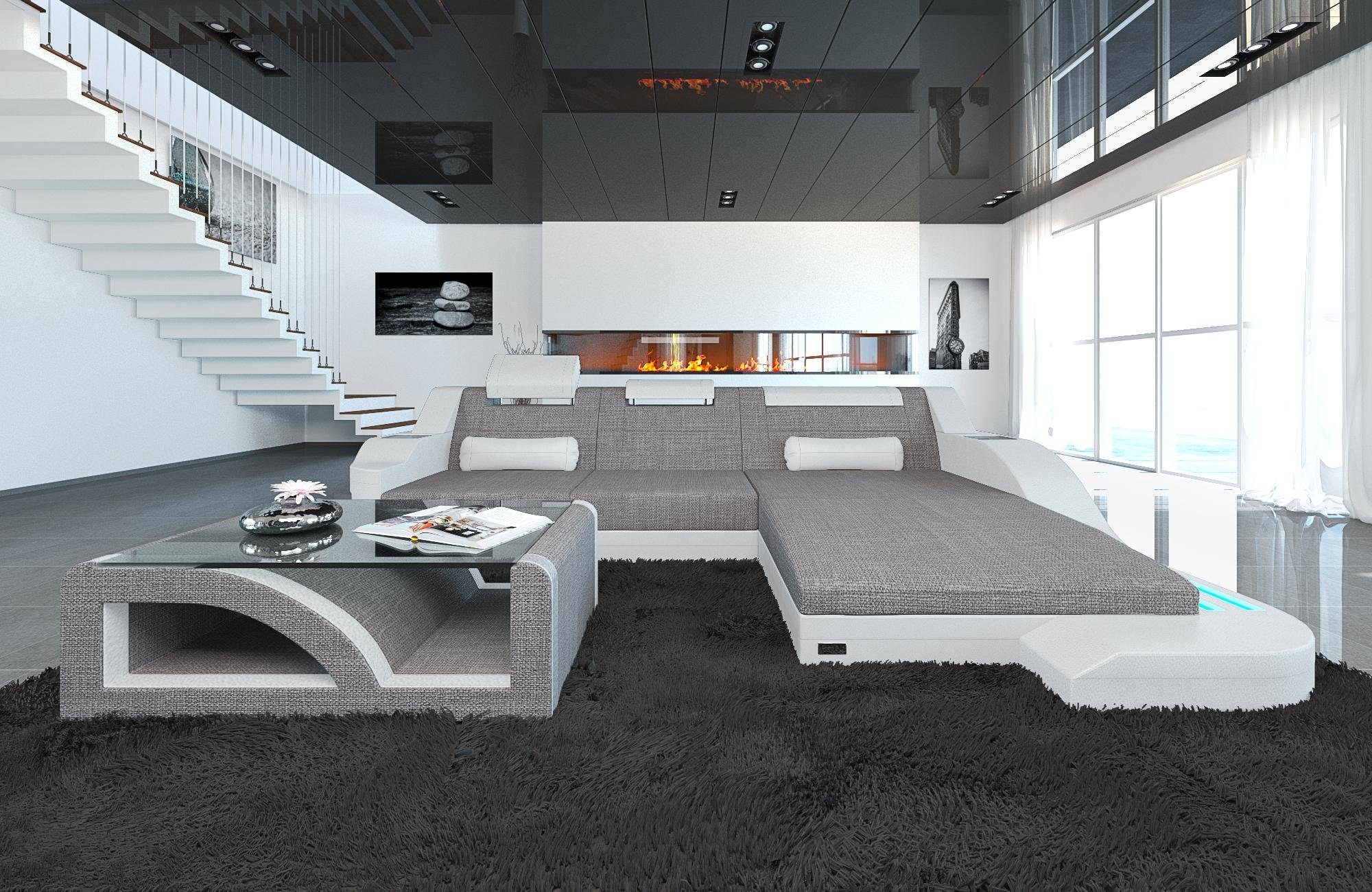 Sofa Form, Macchiato-Weiss ausziehbare LED, L mit Palermo Ecksofa Polstersofa H2 Stoffsofa Couch Stoff Designersofa Dreams Bettfunktion,