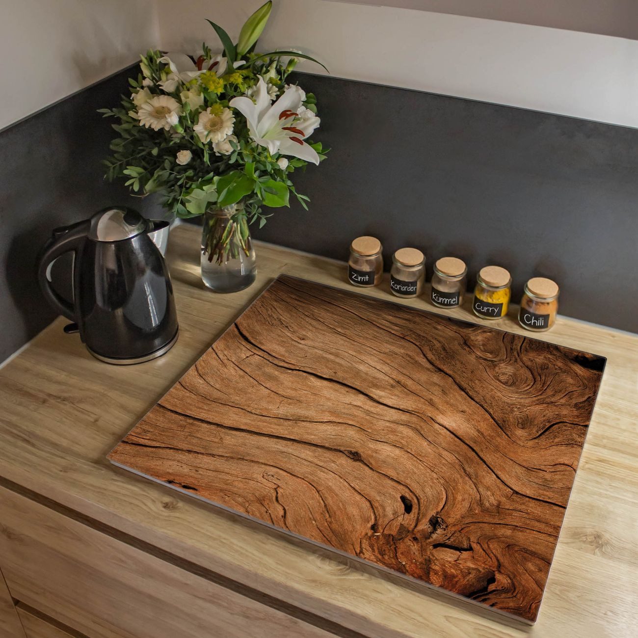 banjado Herd-Abdeckplatte einteilig aus Glas mit Motiv Trockenes Holz, (gehärtet, 1 tlg., inkl. selbstklebende Gummifüßchen)