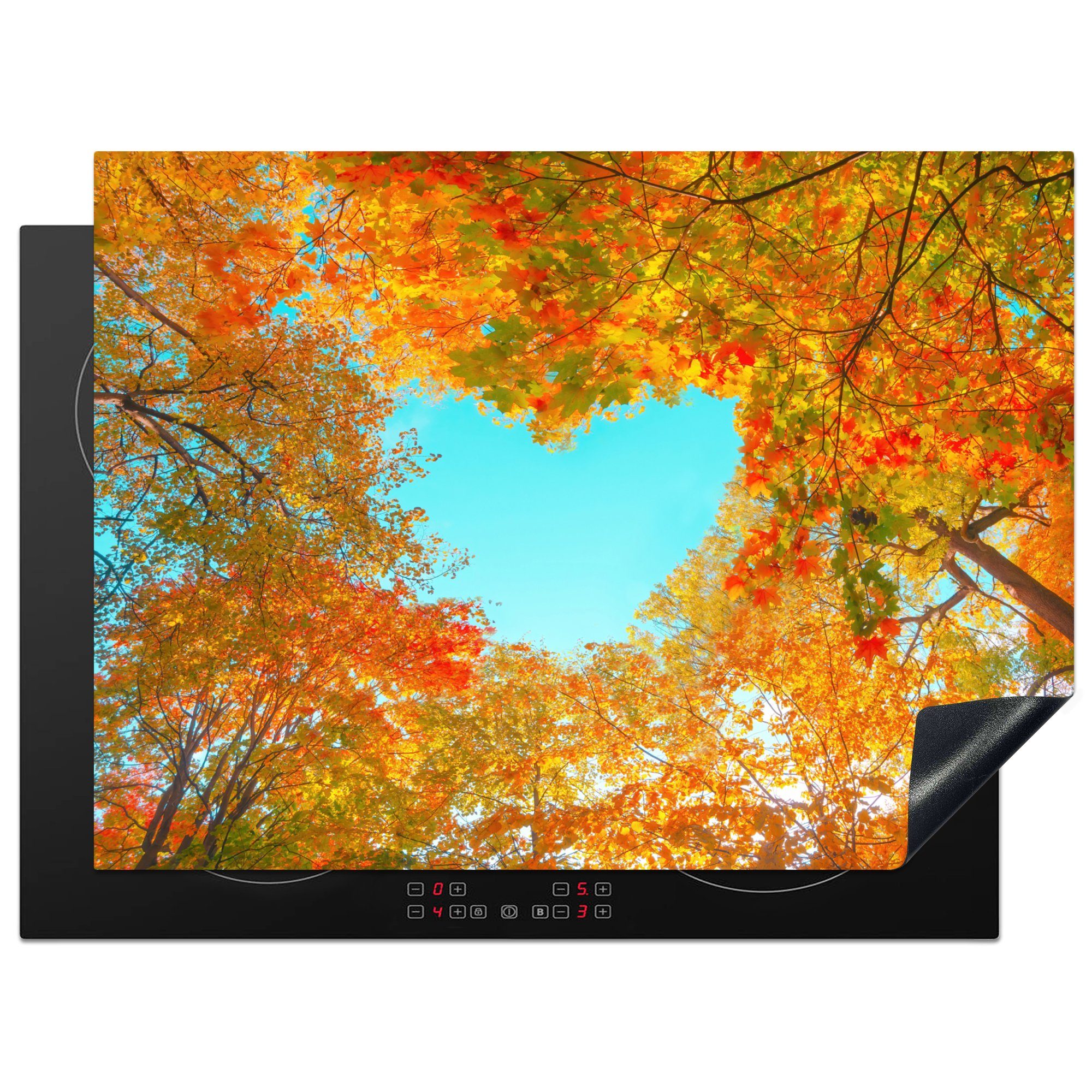 MuchoWow Herdblende-/Abdeckplatte Bäume - Herbst - Herz - Natur - Orange - Herz, Vinyl, (1 tlg), 70x52 cm, Mobile Arbeitsfläche nutzbar, Ceranfeldabdeckung