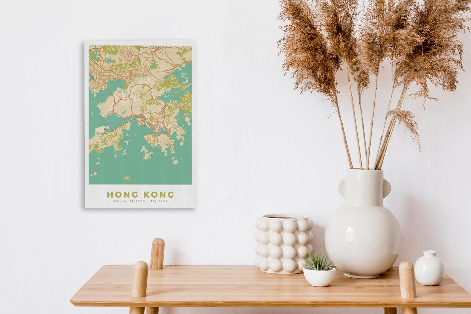 - Zackenaufhänger, Karte cm Gemälde, fertig Vintage (1 St), Stadtplan Karte, - Hongkong bespannt Leinwandbild OneMillionCanvasses® 20x30 - inkl. - Leinwandbild