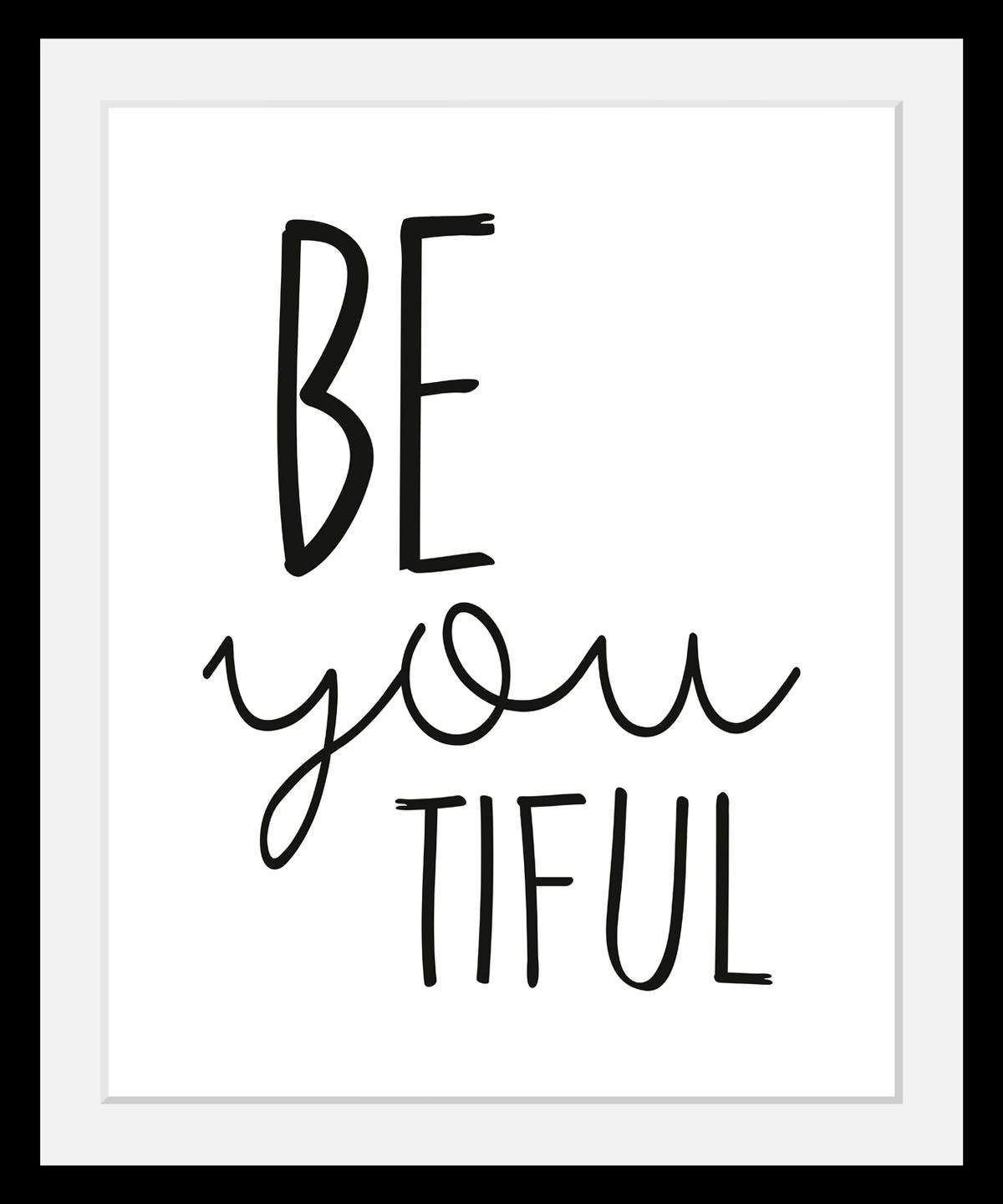 queence Bild Spruch, Motivationsbilder, Schriftzug, Schwarz-Weiß, Smileys, HD Premium Poster-Druck inkl. Holzrahmen