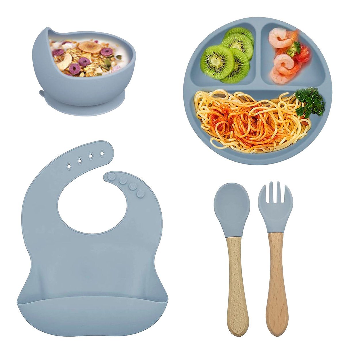 Baby Ja Kindergeschirr-Set Kindergeschirr Baby Teller Silikon 5 Stücke,Silikongeschirr für Kinder, Kindersilikongeschirr Schüssel, Gabel und Löffel Lätzchen-Set