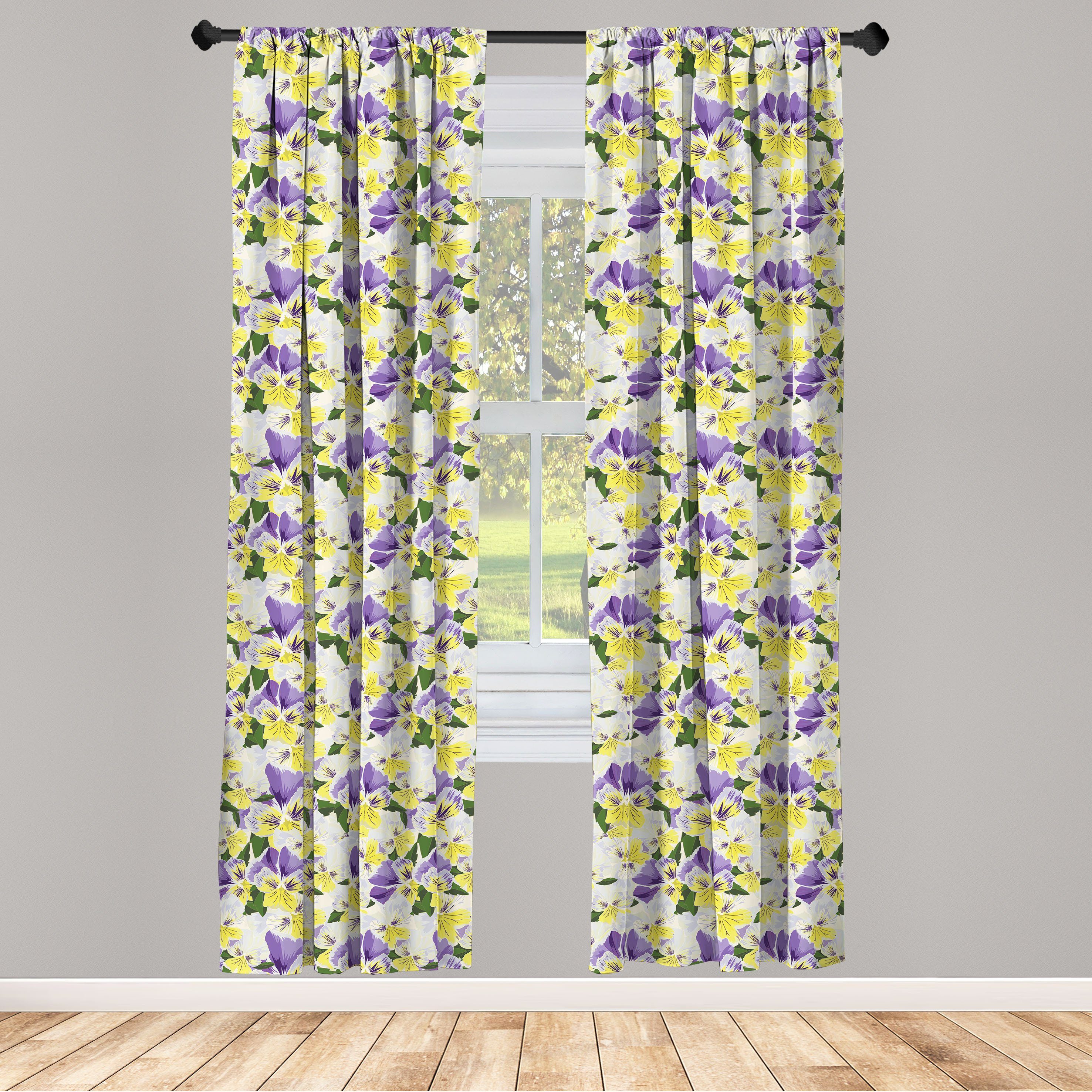 Gardine Vorhang für Wohnzimmer Abakuhaus, Bouquet Blumen Motiv Dekor, Frühling Schlafzimmer Microfaser, Pansy