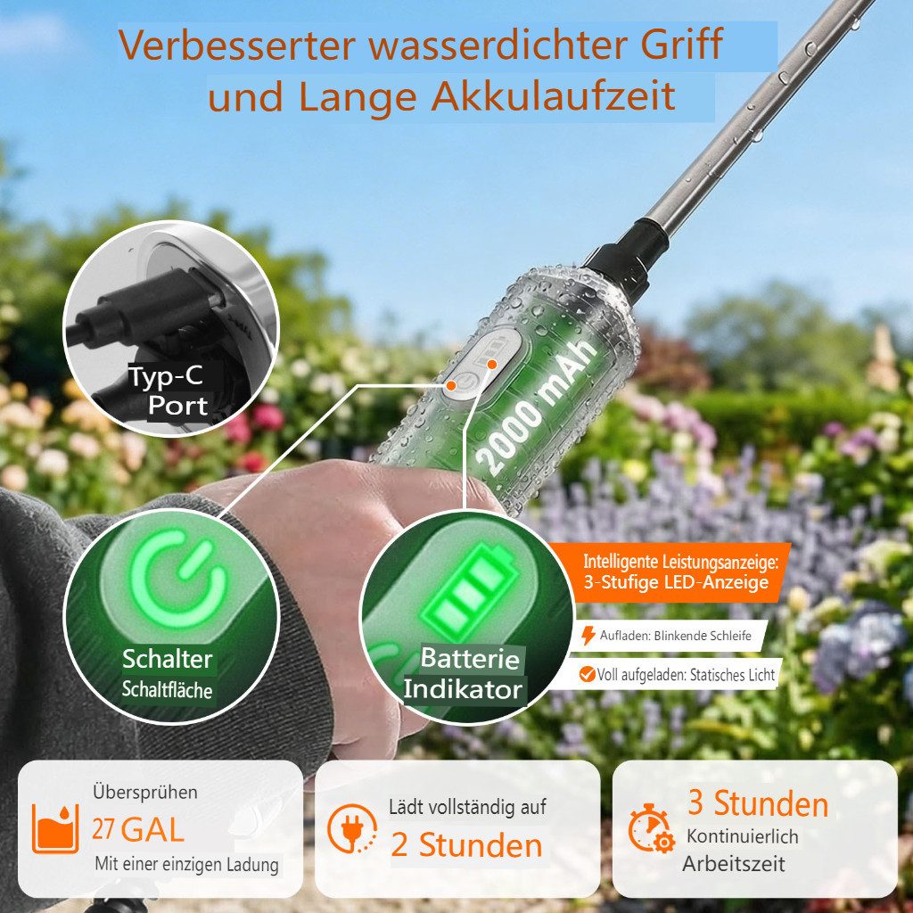 Insma Drucksprühgerät 8L Akku-Drucksprühgerät,Elektrischer Pflanzensprüher mit 2000mAh Akku, 4 Düsen, 6 Sprühmodi, Ausziehbare Sprühlanze, Schultergurt – Bild 5 von 5