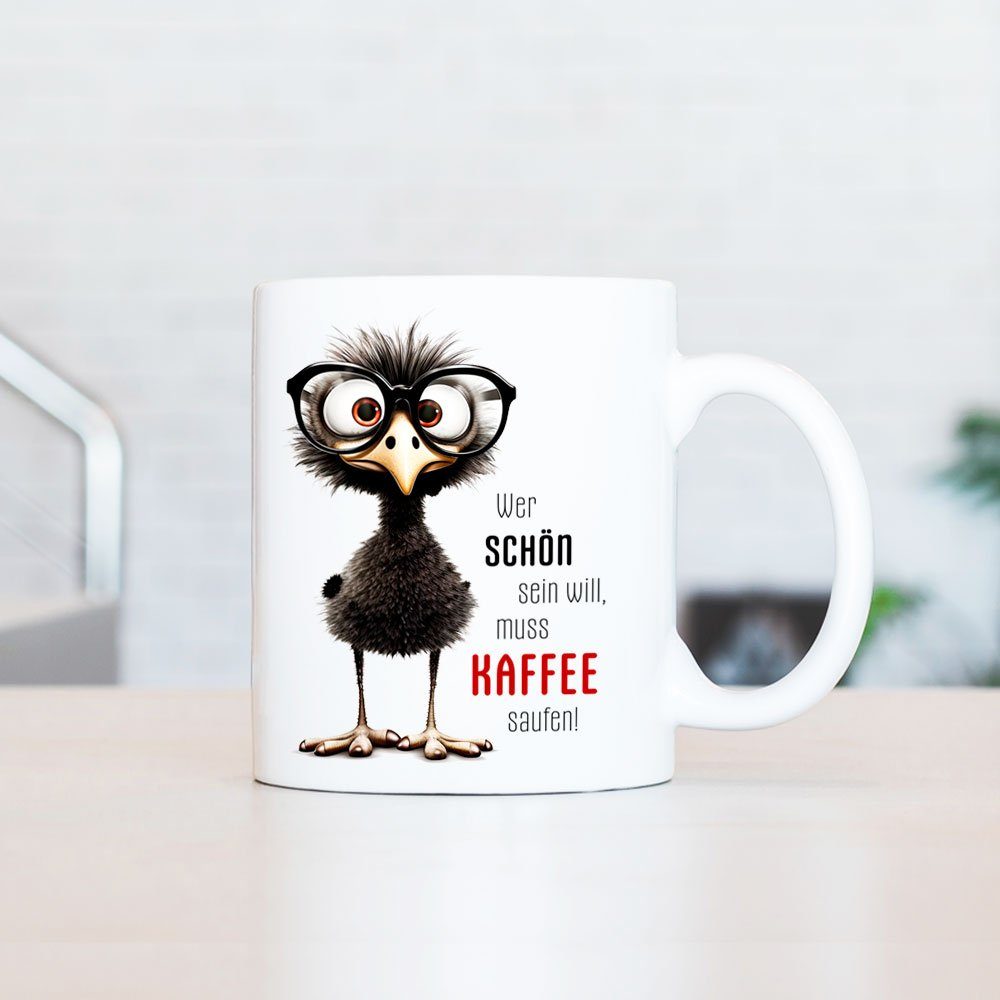 mit Spruch beidseitig 330 Geschenk, handgefertigt, SCHÖN Tasse ml Cadouri Bürotasse, WER bedruckt, Keramik, SEIN humorvolle WILL Kaffeetasse Tasse, -