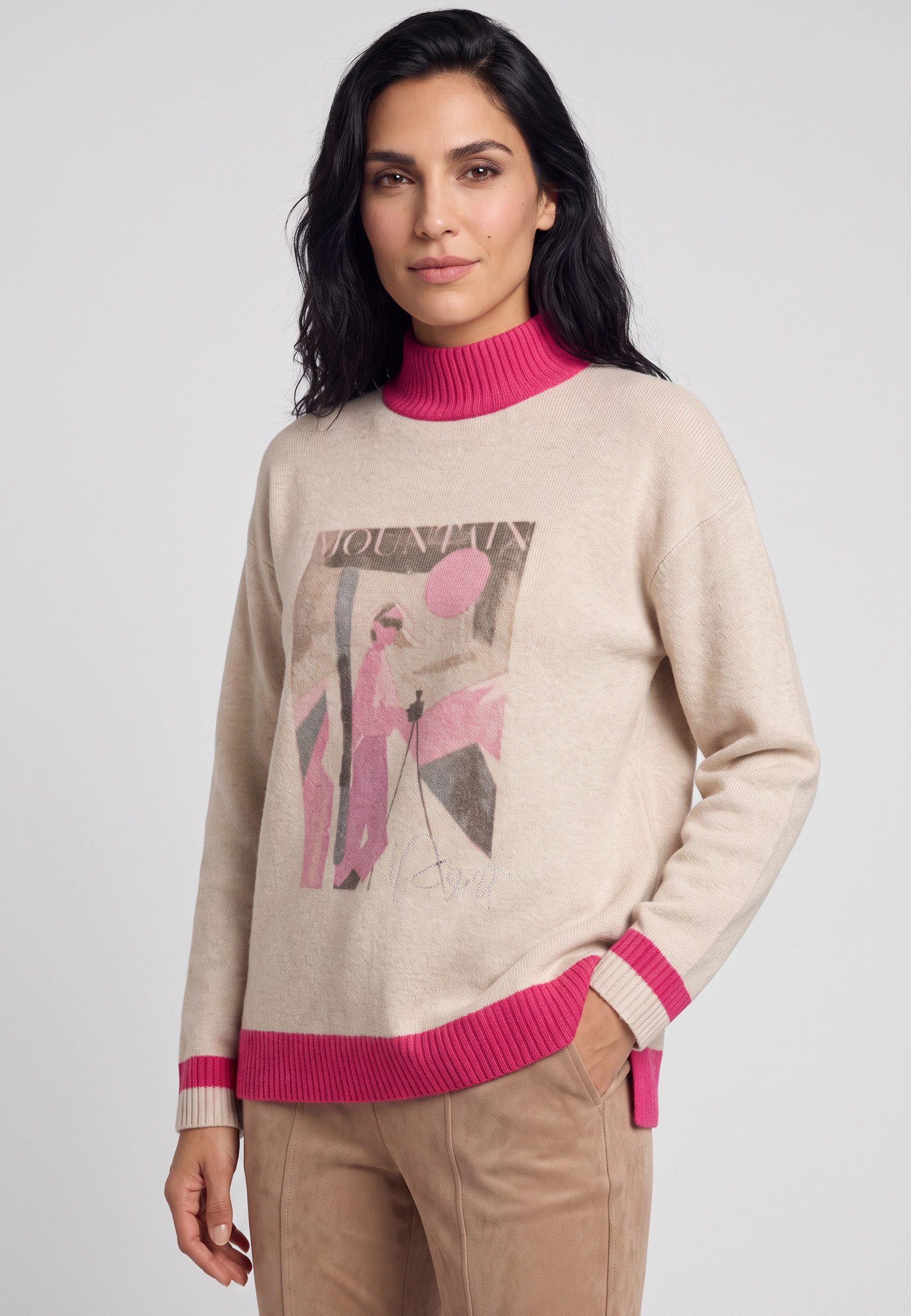 Olsen Strickpullover mit Placement Print und Stehkragen