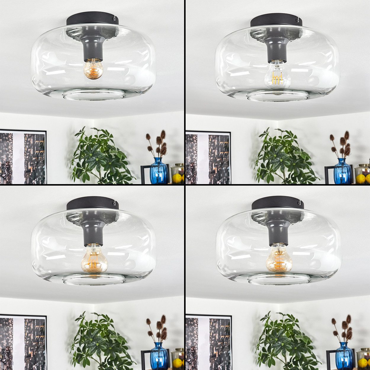 hofstein Deckenleuchte runde Deckenlampe aus Metall/Glas in Schwarz/Klar, ohne Leuchtmittel, im Vintage-Design mit Glasschirm (28 cm), 1 x E27, ohne Leuchtmittel