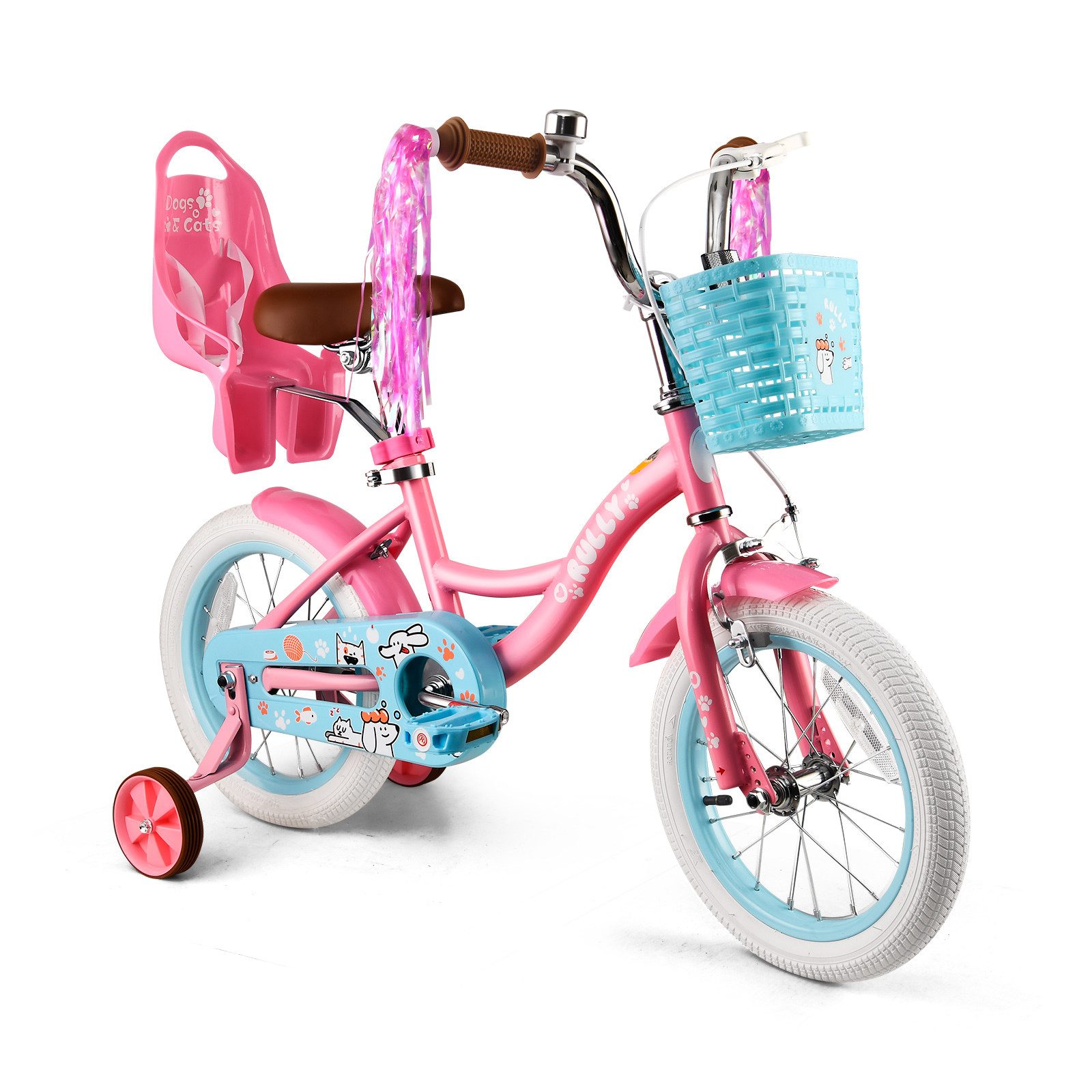 Vankel Kinderfahrrad Mädchen 12-16 Zoll Rosa mit Stützrädern, 1 Gang, Fahrrad für Kinder ab 4 Jahren mit Korb und Bremse