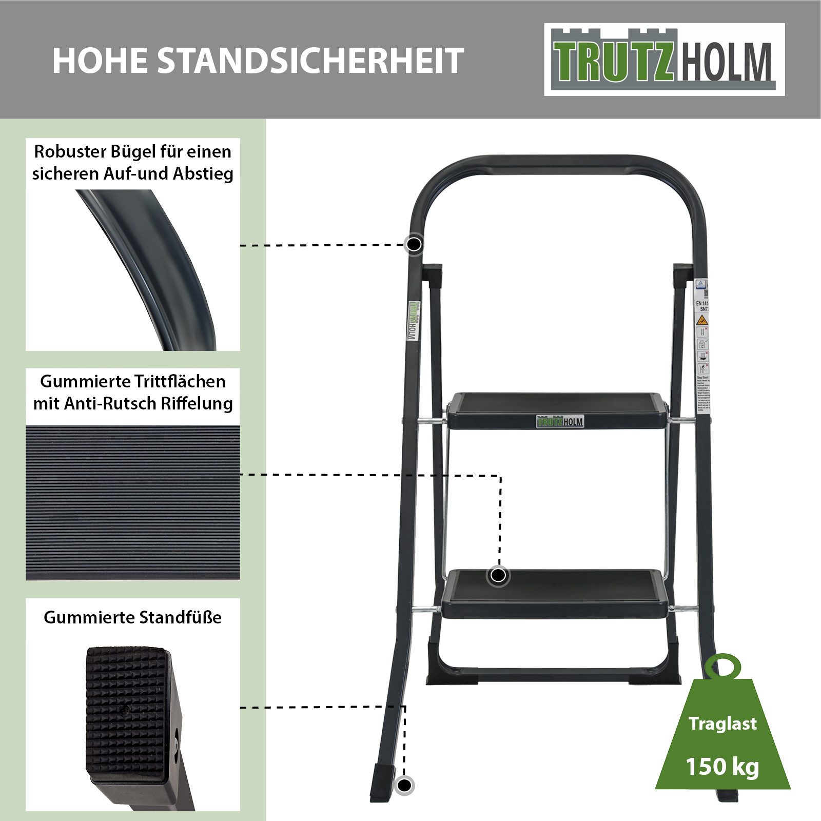 TRUTZHOLM Klapptritt Trittleiter 2-stufig klappbar TÜV/GS Trittflächen Klapptritt Leiter, Anti-Rutsch,150kg Belastbar