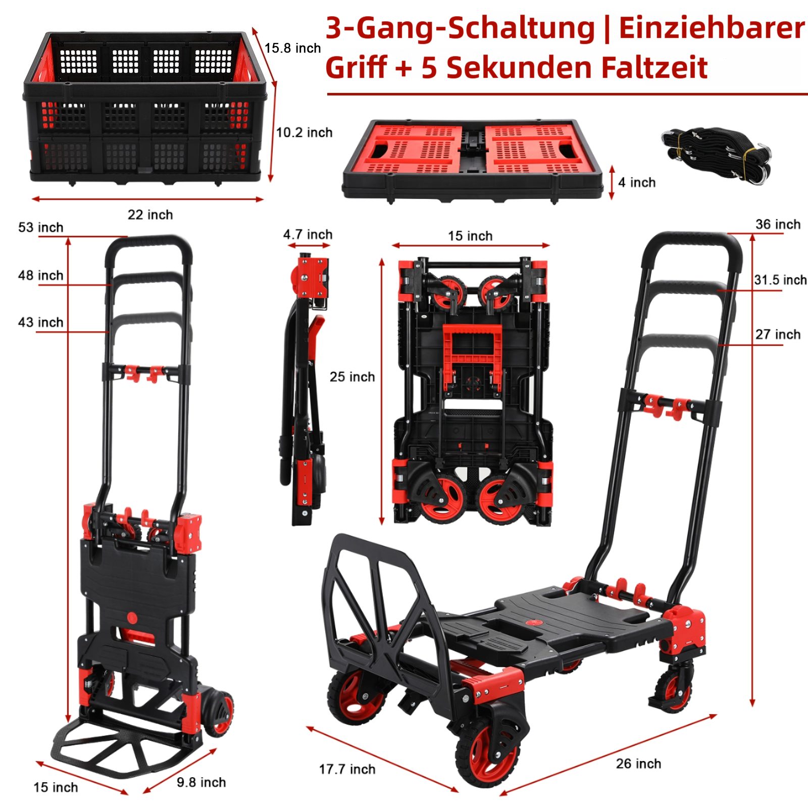 Thumbnail - TLGREEN Bollerwagen 2-in-1 faltbarer Transportwagen,Gerätewagen (Tragfähigkeit: 75/150 kg, 2 Gummibänder mit Haken, 3 St...