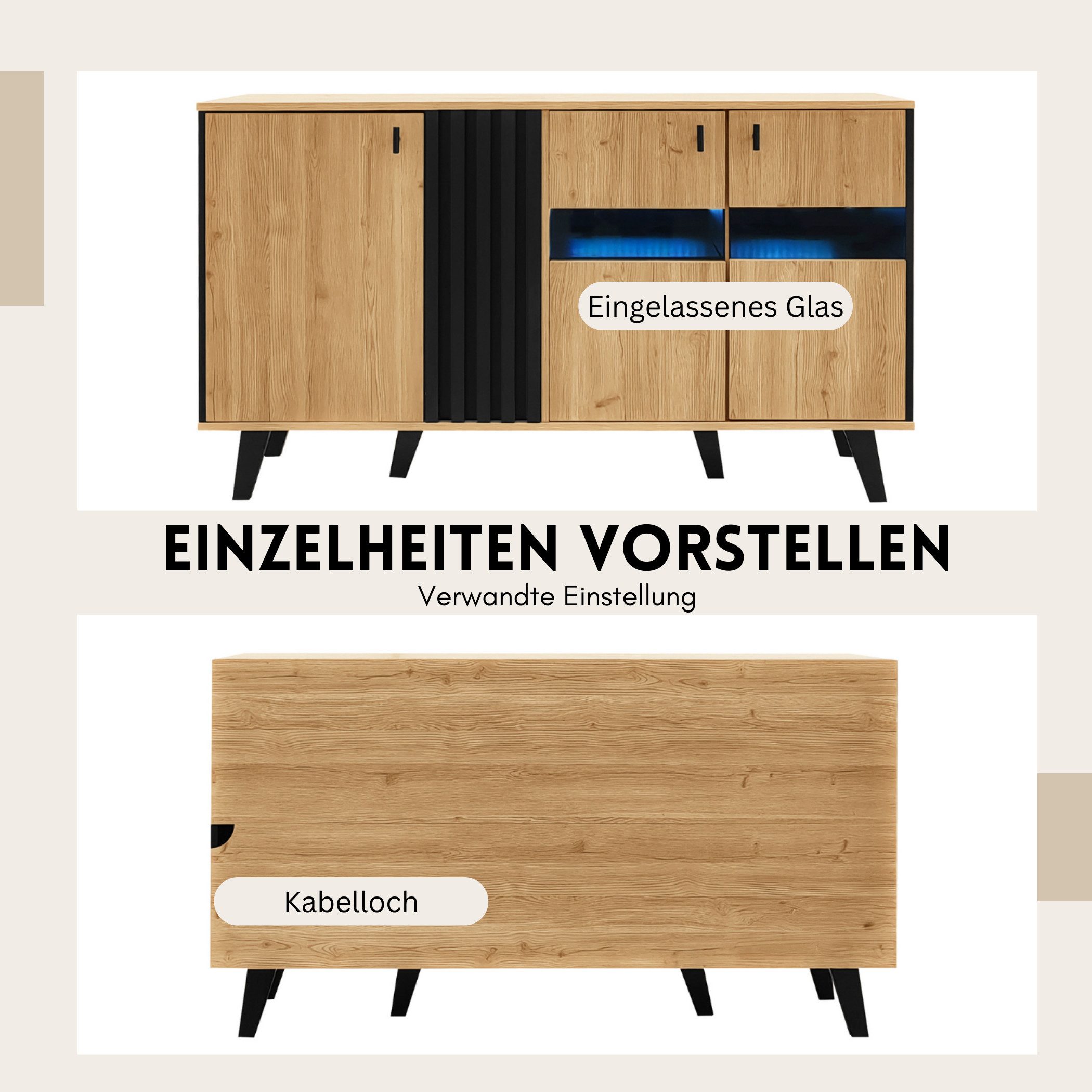 SeedWave Sideboard Modernes Sideboard LED-Beleuchtung Kontrastfarbener Wohnzimmerschrank, Verstellbare Einlegeböden, Türen mit eingelassenen Glassen
