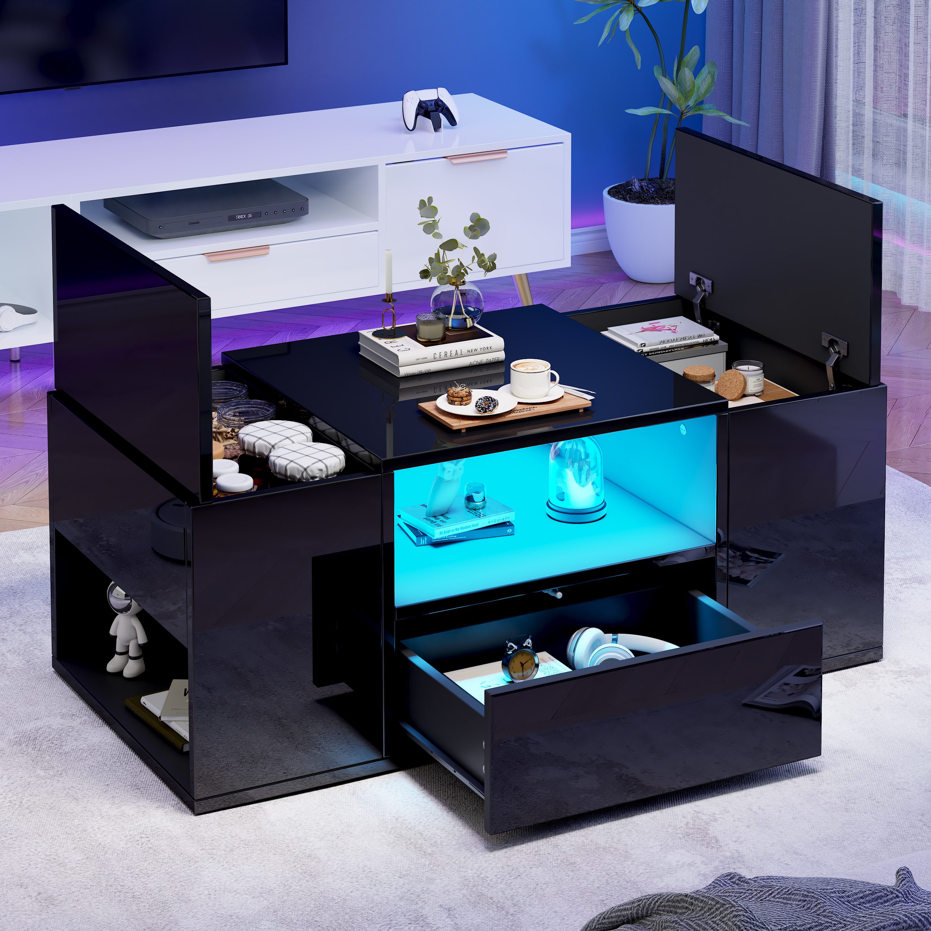 Merax Couchtisch Sofatisch Beistelltisch mit LED-Beleuchtung (100x50x40cm, 1-St), Wohnzimmertisch mit Schublade, Staufächern & 2 verdeckte Stauraum