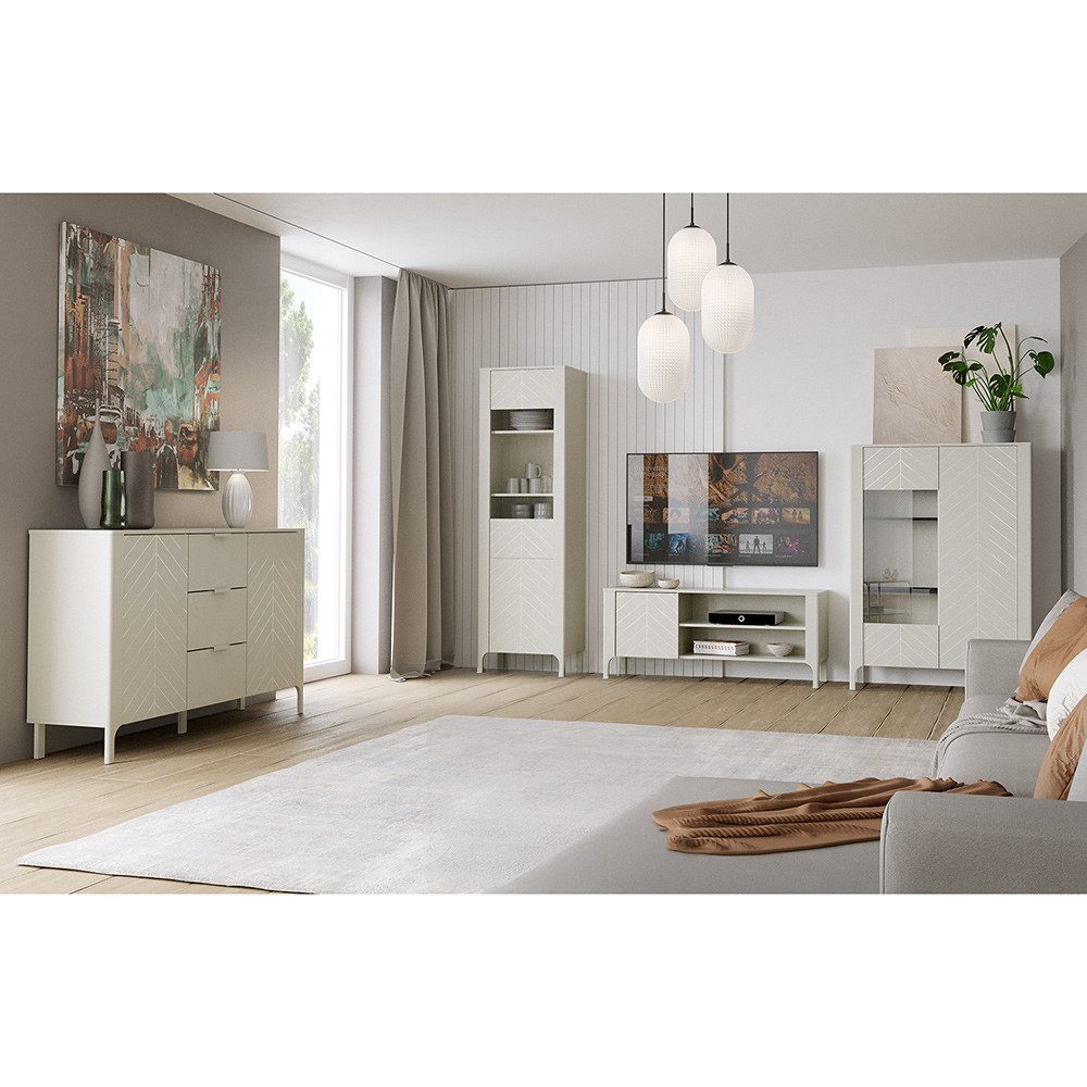 Lomadox Wohnzimmer-Set MAZARA-161, (Mega-Spar-Set, 4-St., Kommode Vitrine Lowboard Highboard), Wohnwand mit Fischgrät Dekor, Push-to-Open und Softclose-Funktion