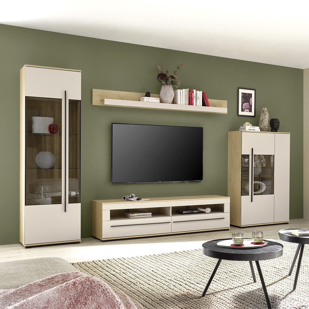 Lomadox Wohnwand COLORADO-61, (4-St., Lowboard Vitrine Highboard Wandregal), Wohnzimmermöbel-Set in Beige mit Eiche