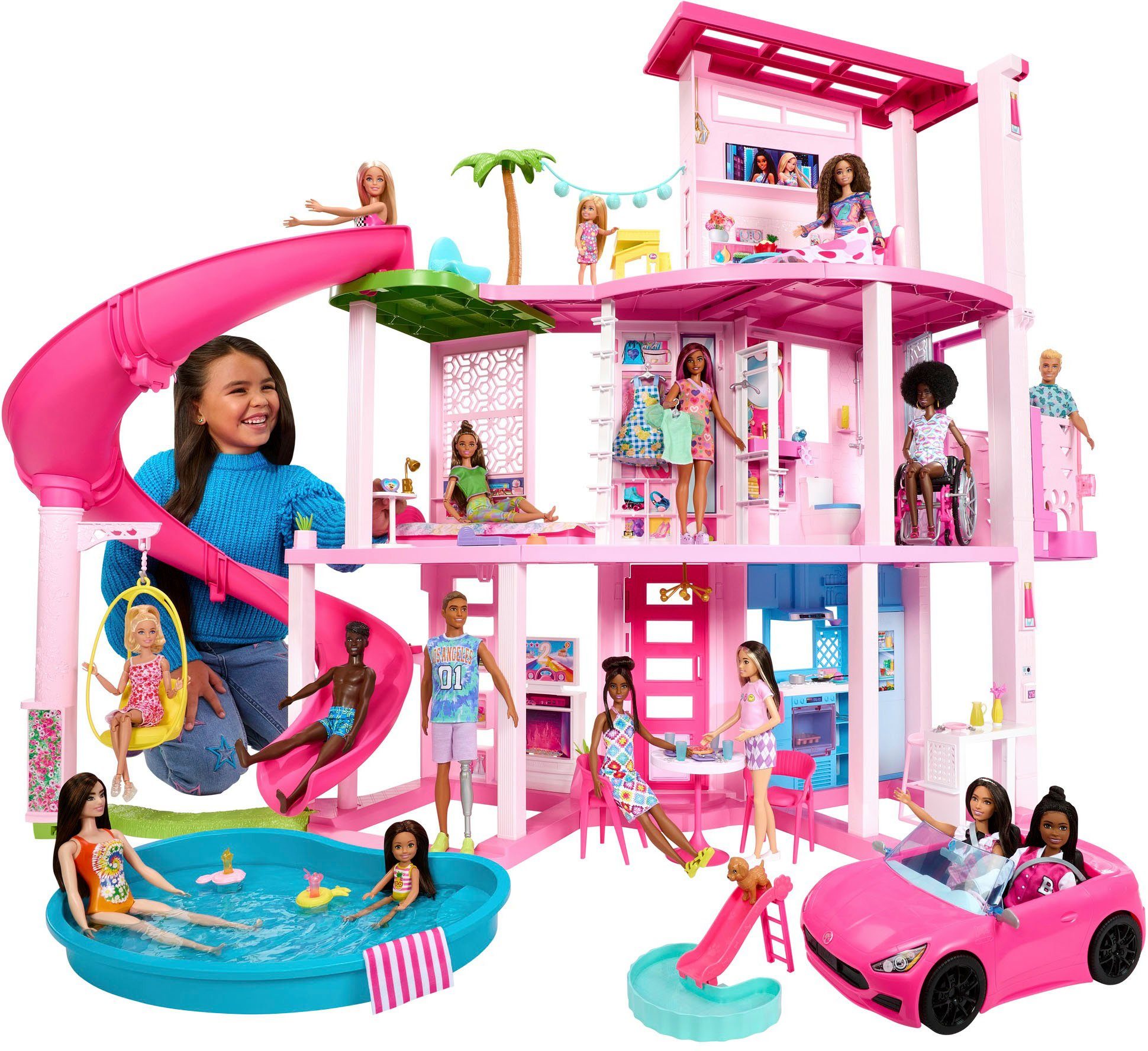 Barbie Dollhouse Dream Villa, with 3 floors, light and sound effects, spiral slide, balcony and pool