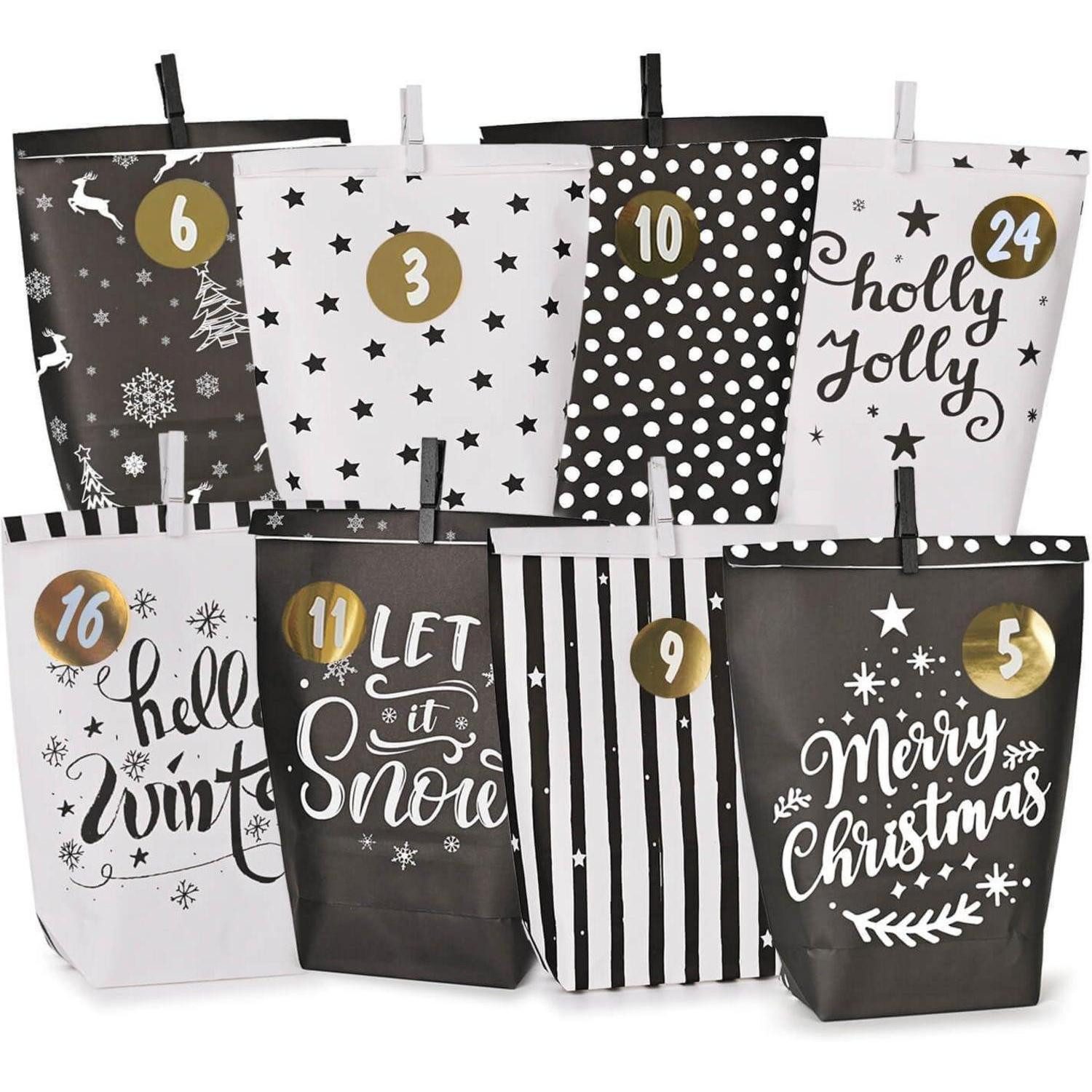 LuxusKollektion befüllbarer Adventskalender Adventskalender Schwarz-Weiß Papier 24 Motiv-Tüten Basteln Weihnachten
