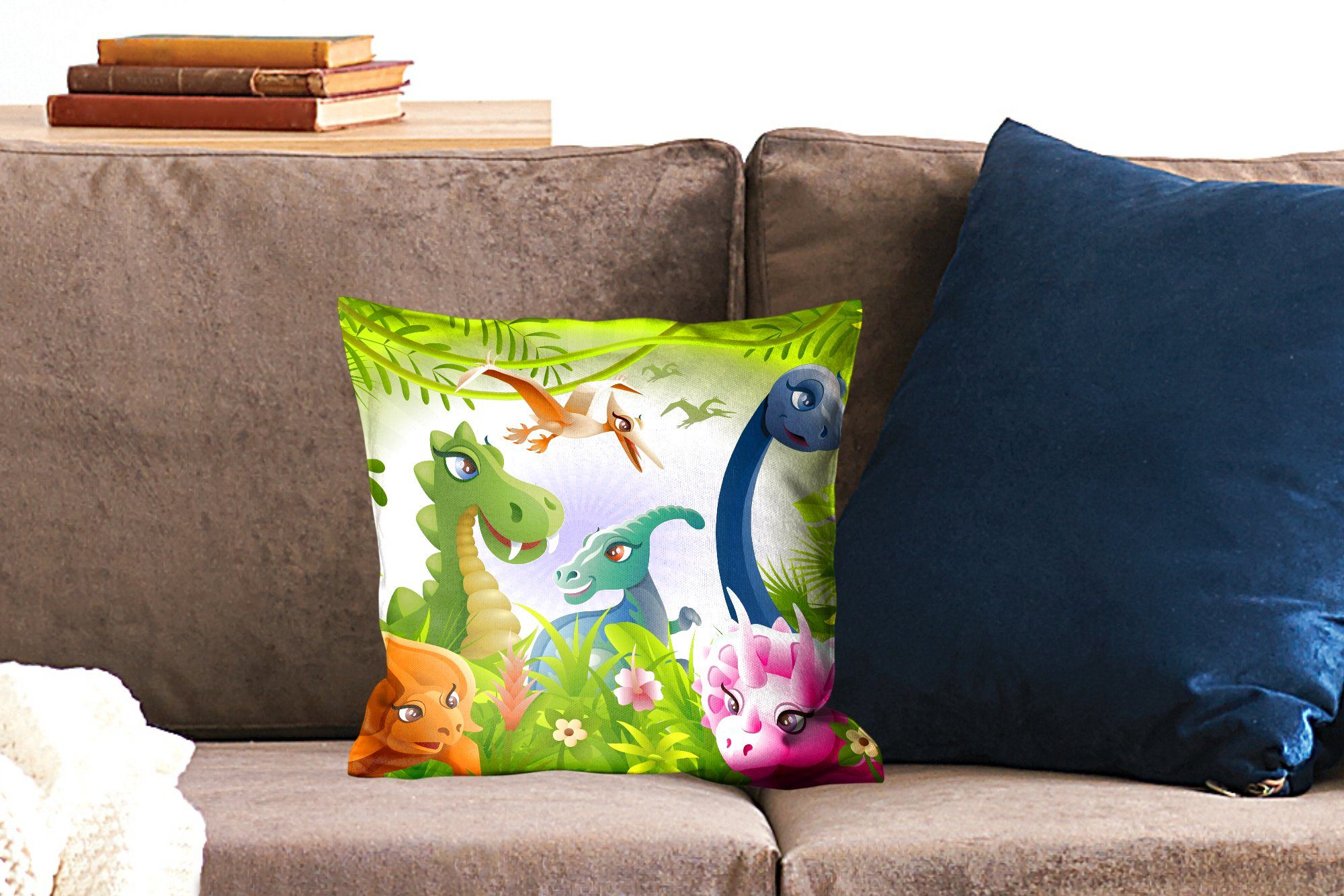 Wohzimmer, - Tiere Schlafzimmer, - Zierkissen Jungen -, - - Sofakissen Dinosaurier - Dekokissen MuchoWow Dschungel mit Illustration Baby Deko, Füllung für