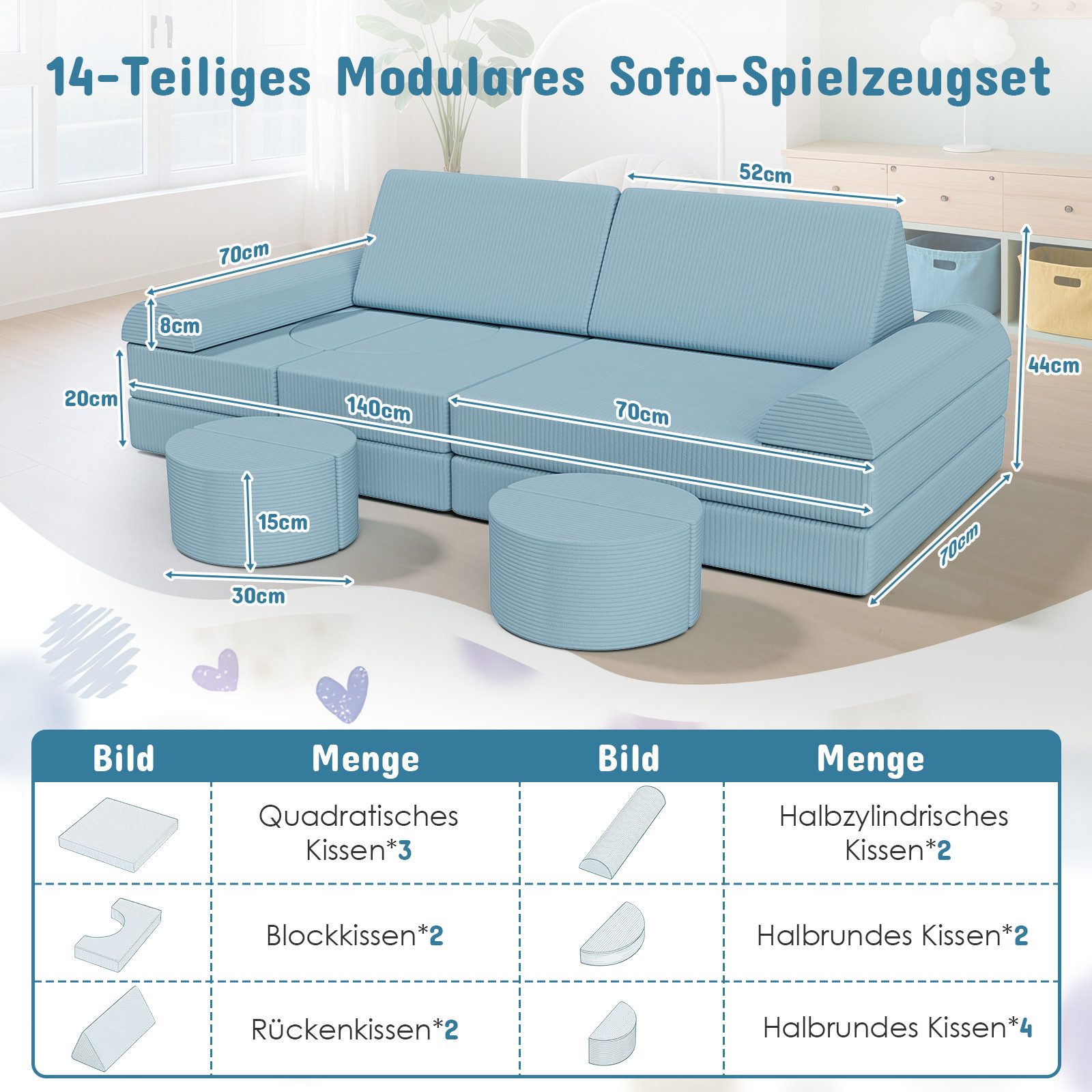 TLGREEN Kindersofa Spielsofa Cord, 15-Teiliges Modulare Kinderspielcouch, K günstig online kaufen