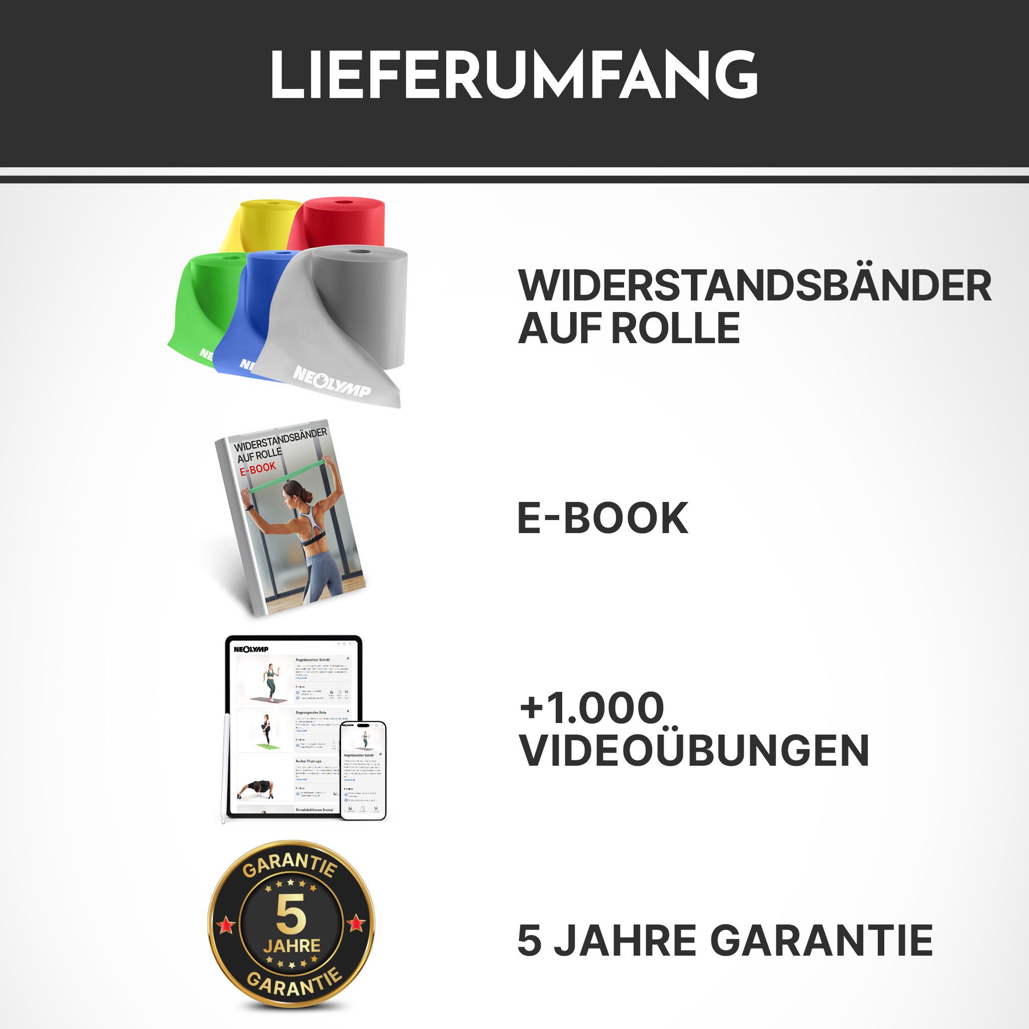 NEOLYMP Physiobänder Widerstandsbänder auf Rolle – Zuschneidbare Fitnessbänder aus TPE, Elastische Resistance Bands in 5 Stärken & 3 Längen – 15 cm breit