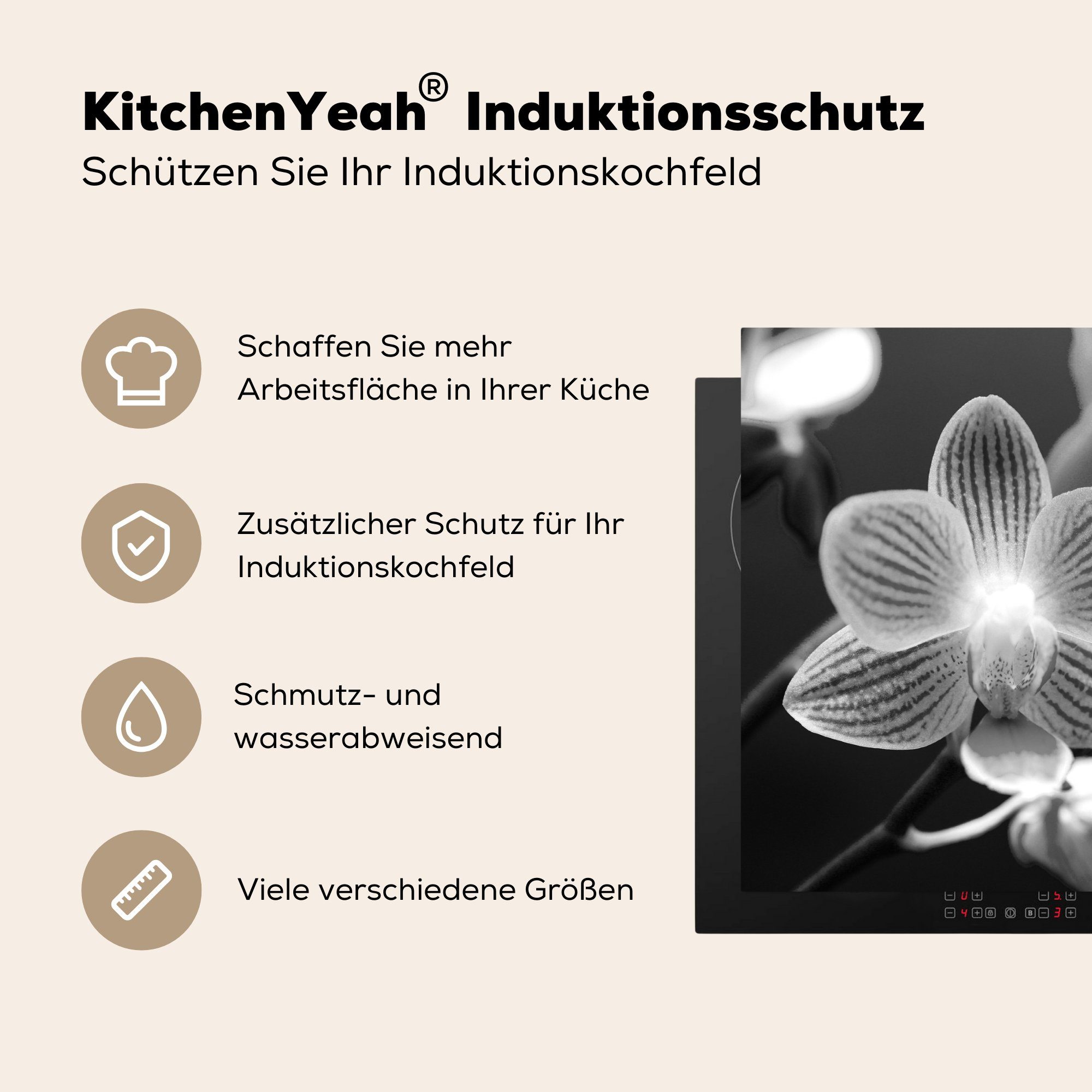 die - tlg), für küche, Herdblende-/Abdeckplatte Vinyl, und schwarz cm, Ceranfeldabdeckung Induktionsmatte (1 weiß, MuchoWow Orchideenblüte 59x52
