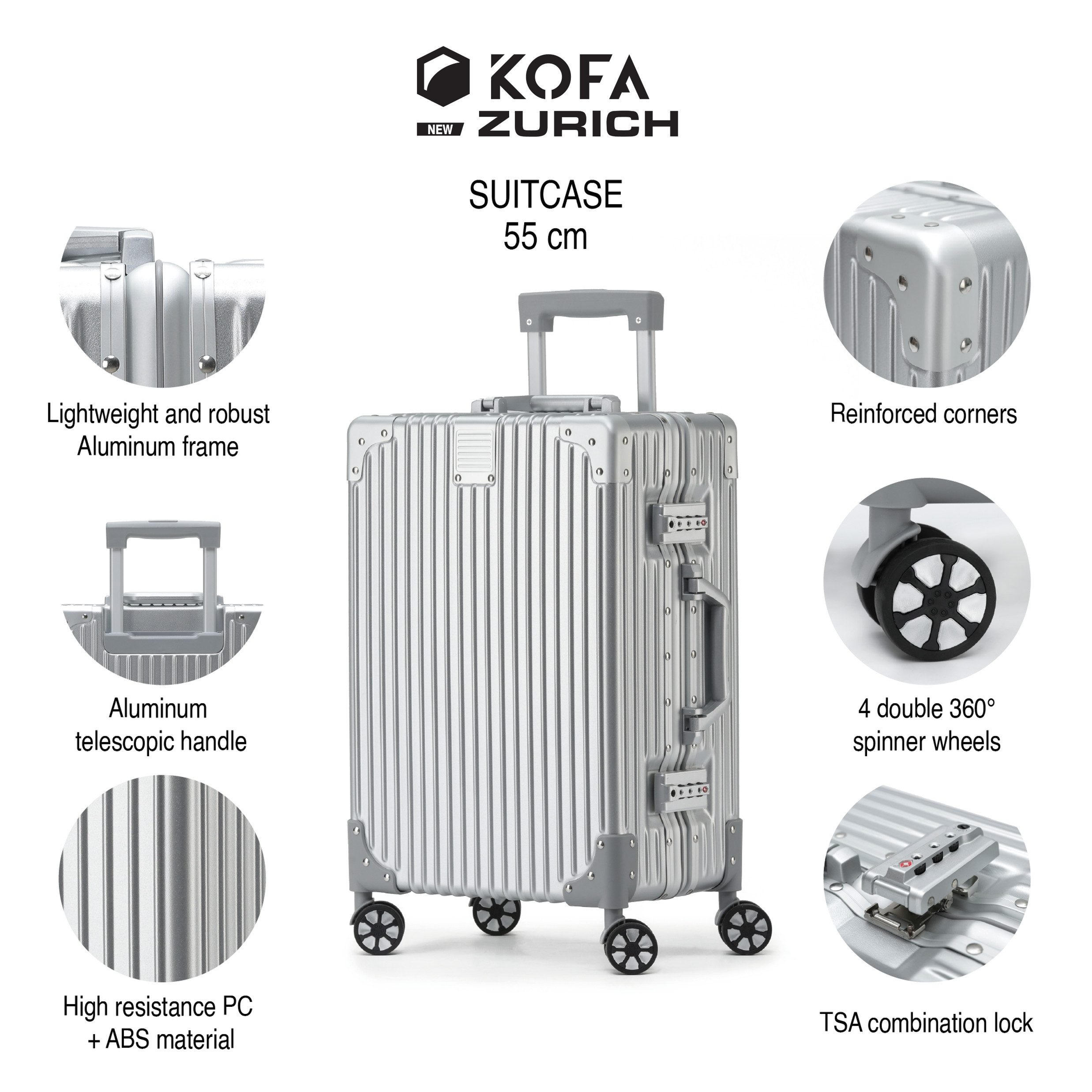 KOFA Handgepäckkoffer ZURICH, 55cm Alu-Rahmen & Polycarbonat-Hartschale, 4 günstig online kaufen
