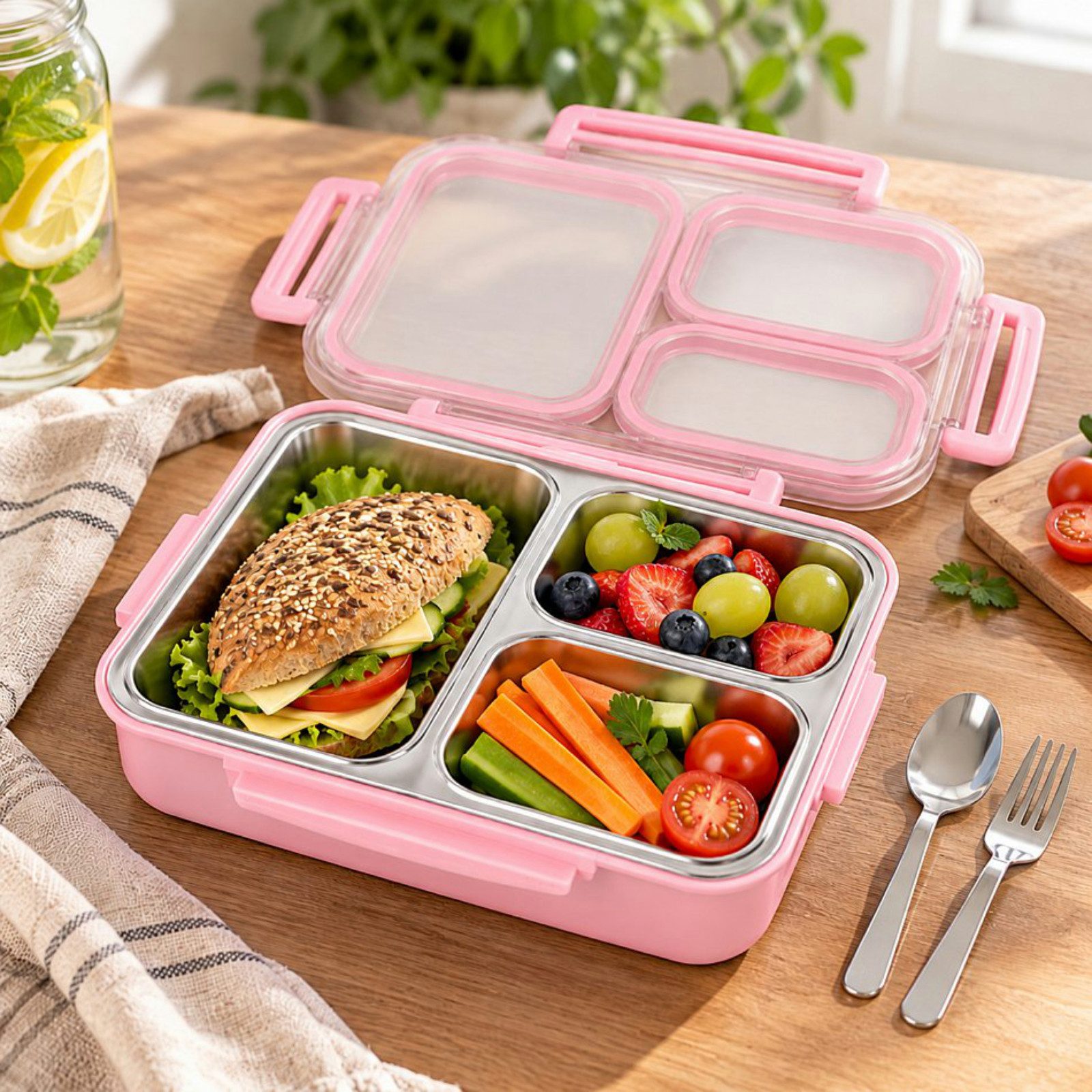 Haushalt International Im- und Export GmbH Lunchbox Snackbox Brotdose mit 3 Fächern Rosa, Kunststoff, (Stück, 1-tlg., Packung), Luftdicht, 25x18x6cm, Inkl. Besteck, Kunststoff