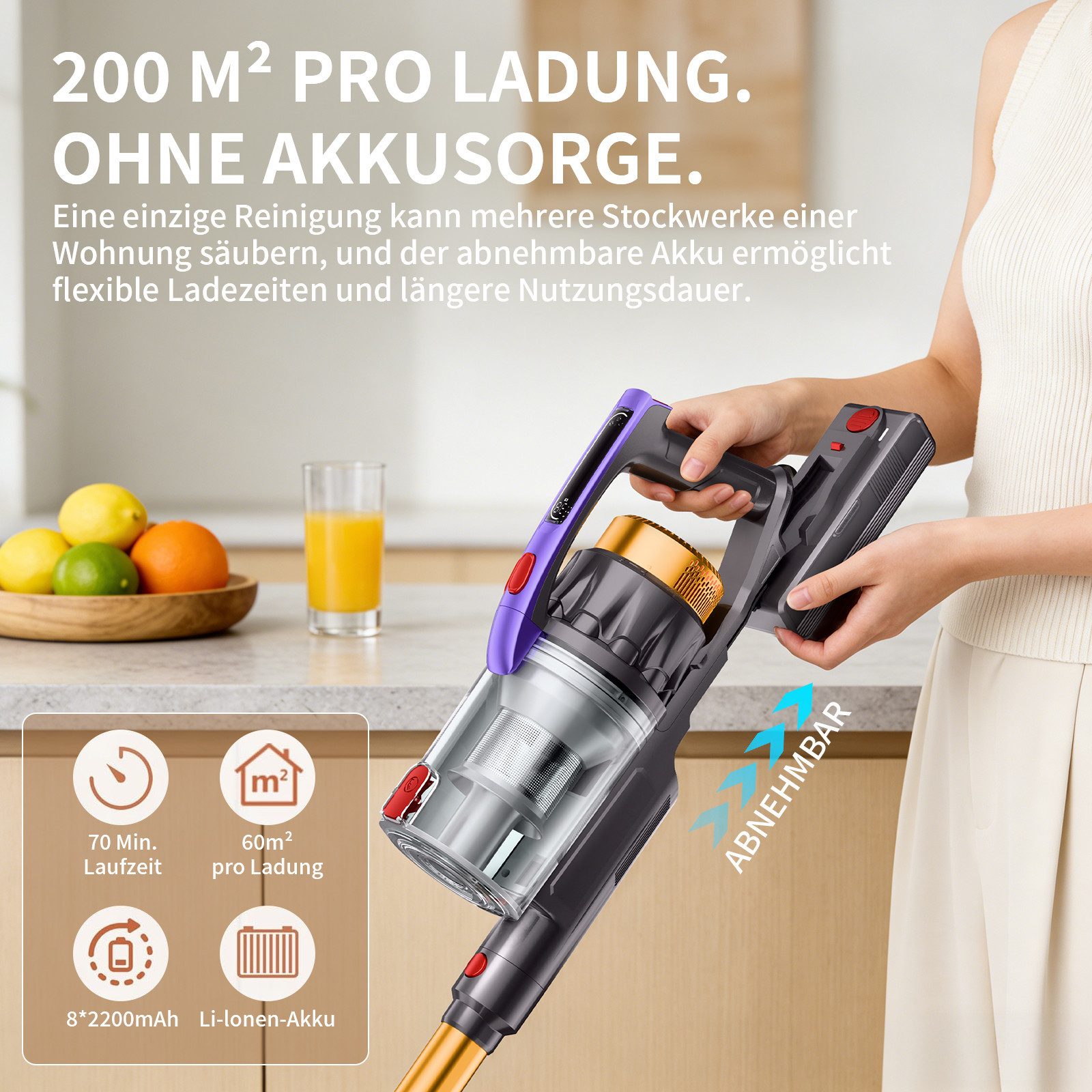 AKKEE Akku-Hand-und Stielstaubsauger Akku Staubsauger 50000Pa/600W/70Min, 600 W, beutellos