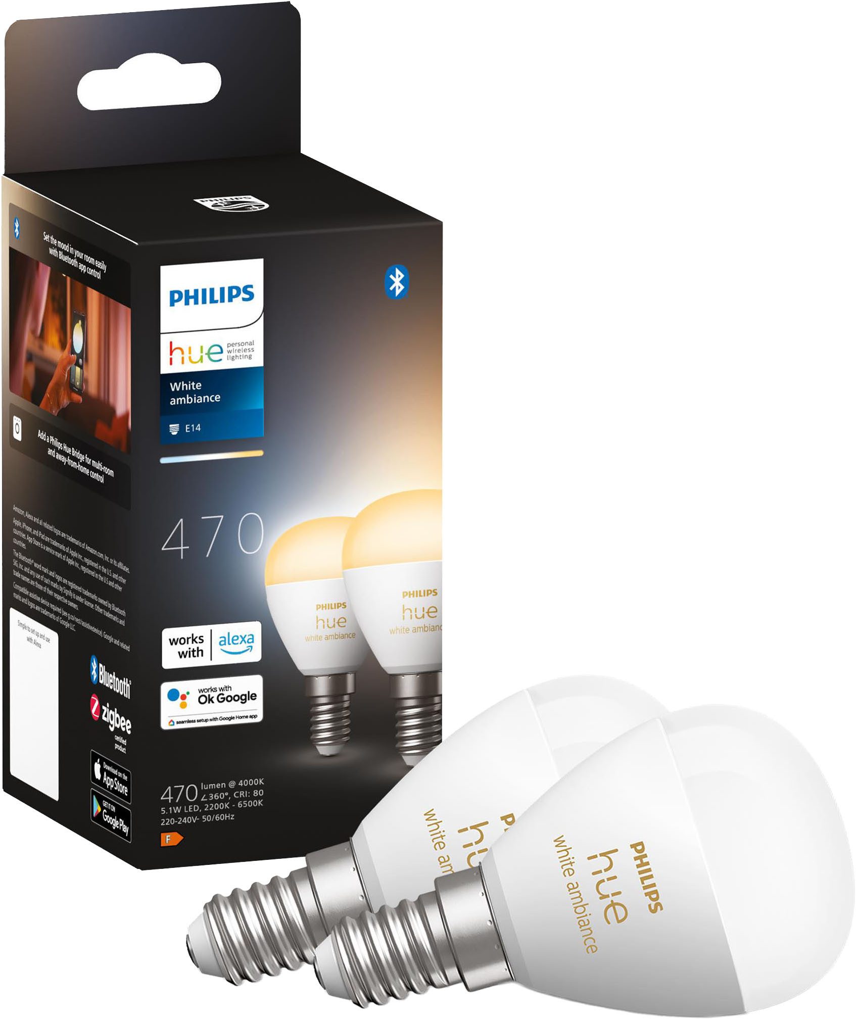 Philips Hue LED-Leuchtmittel White / White & Color Ambiance Luster, Tropfenform 470lm, 2er-Set, E14, 2 St., Farbwechsler