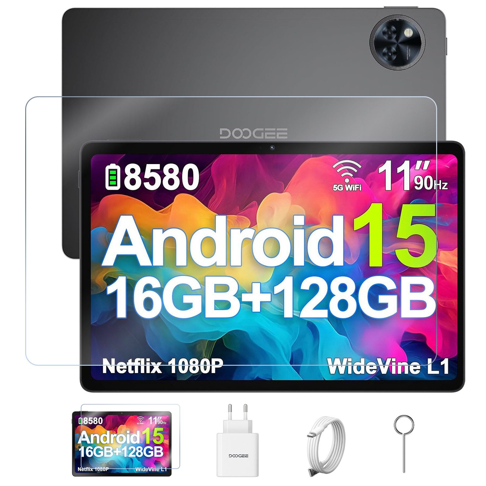 DOOGEE 2025 Android15 WiFi Tablet mit 1-Stück Schutzfolie Tablet (11 Zoll 90Hz Display", 128 GB, Android 15, 2.4G+5G WLAN GMS, Планшеты PC 2.4G+5G WLAN GMS/ WidevineL1/ 3.5mm Audio/GPS/Face ID/OTG)