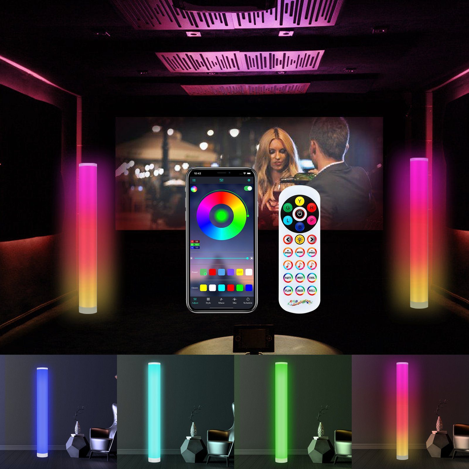 Lospitch LED Stehlampe 6W RGB Stehlampe, Timer Mit Fernbedienung App,  Dimmbar, Wohnzimmer, Einstellbare Farbtemperatur | Standleuchten