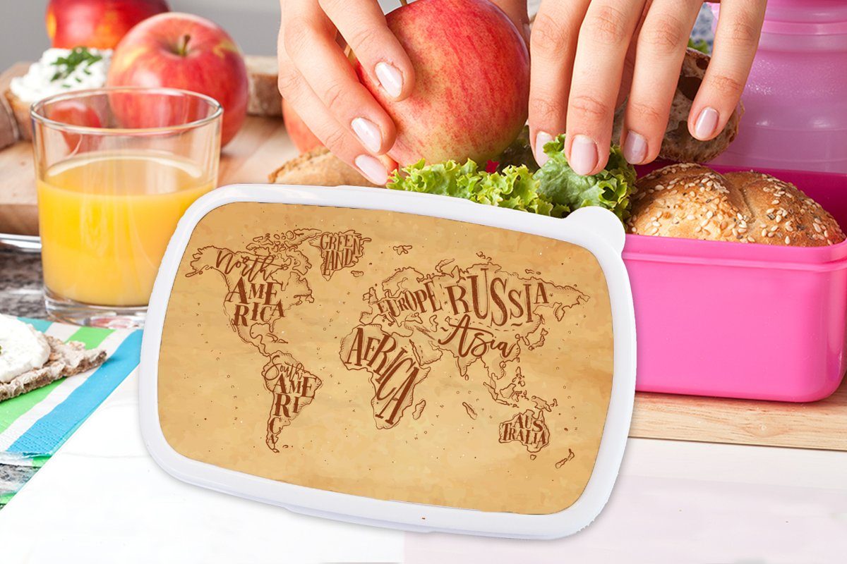 MuchoWow Lunchbox Weltkarte - (2-tlg), Mädchen, Erwachsene, für Braun, Retro - Kunststoff Snackbox, Brotbox Brotdose Kinder, rosa Kunststoff