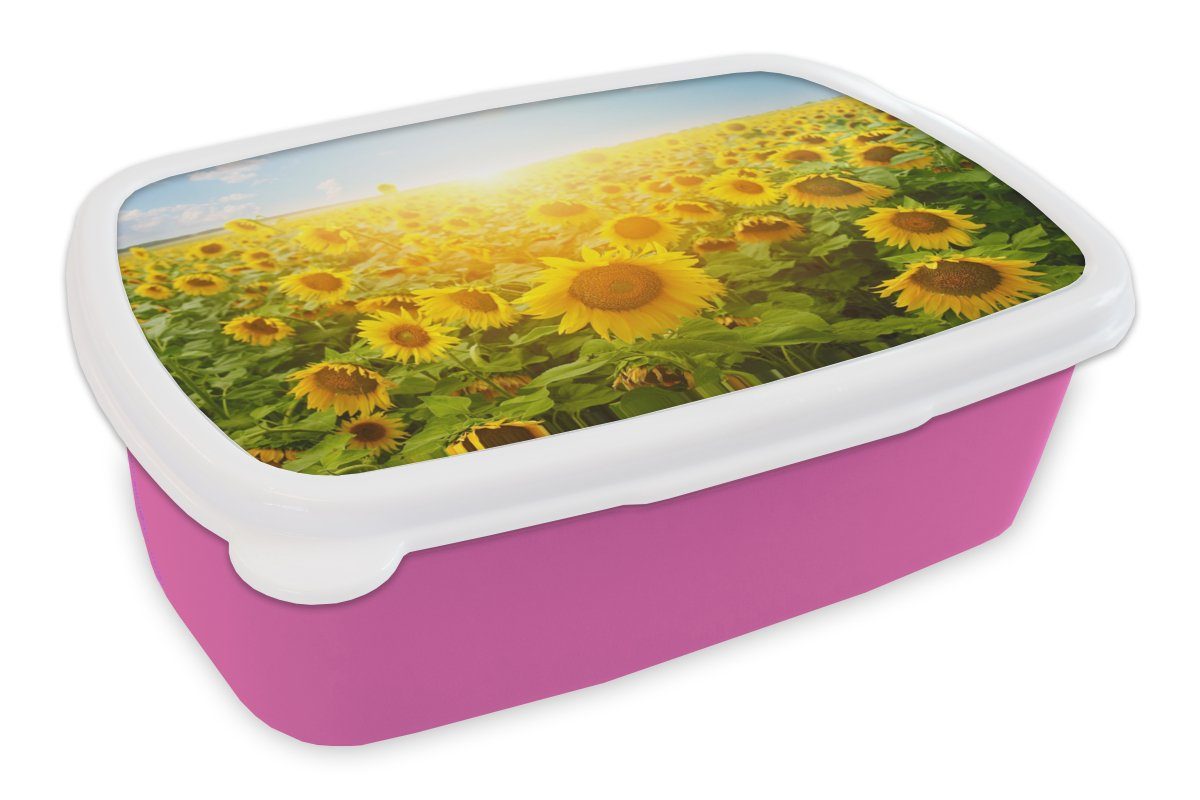 MuchoWow Lunchbox Sonnenblume - Sonne - Wolken, Kunststoff, (2-tlg), Brotbox für Erwachsene, Brotdose Kinder, Snackbox, Mädchen, Kunststoff rosa