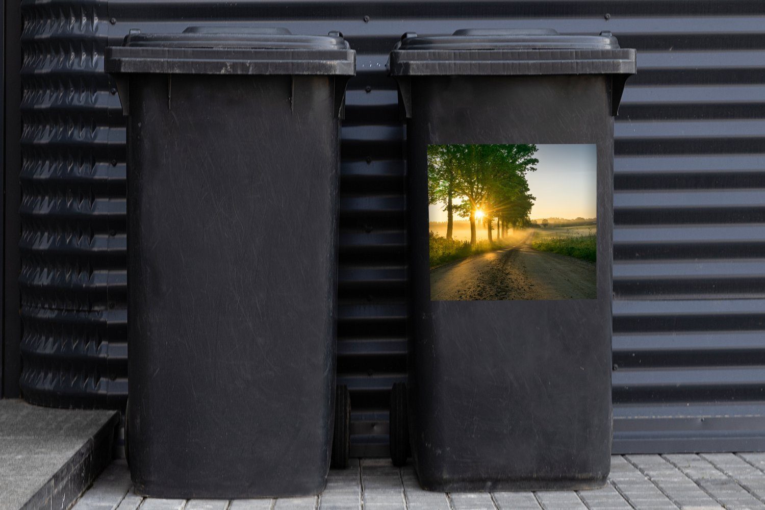 St), Sonnenaufgang Wandsticker (1 MuchoWow Container, Mülltonne, durch die Mülleimer-aufkleber, Bäume Abfalbehälter Sticker,