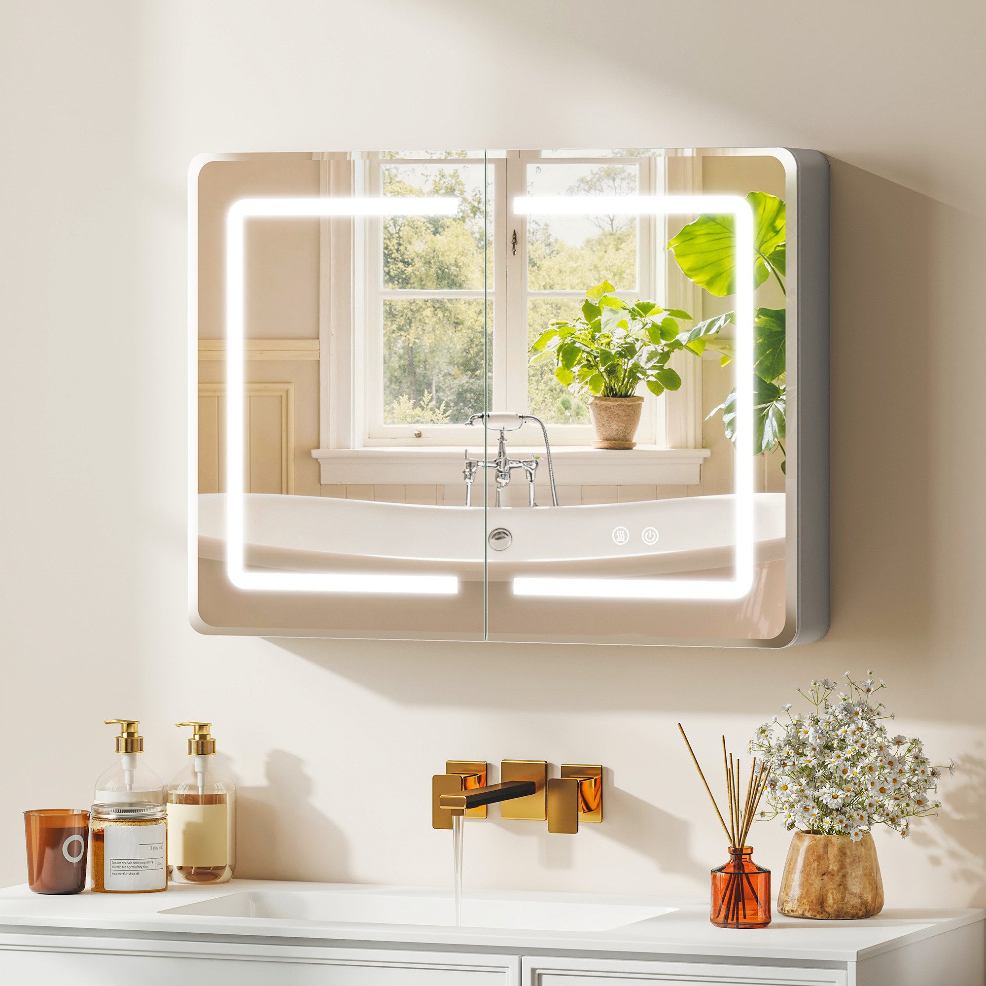 HOMCOM Spiegelschrank Bad Hängeschrank mit verstellbarem Regal, 3 Lichtfarben (Badschrank Hängend, 1-St., Badezimmerschrank) LED-Beleuchtung, Antibeschlag